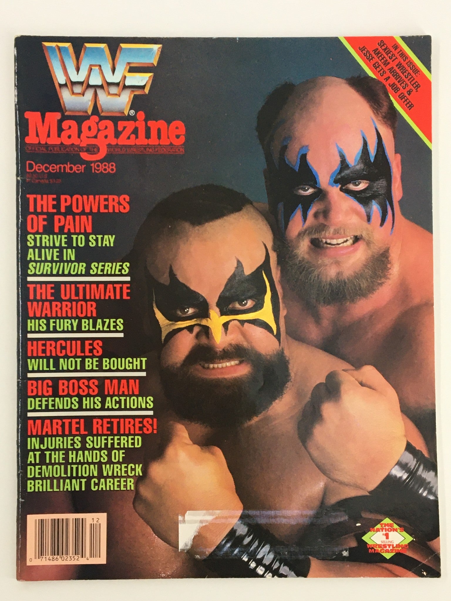 Cover of the December 1988 issue of WWF Magazine featuring The British Bulldogs vs The Fabulous Rougeaus, showcasing two wrestlers with painted faces and promotional text.