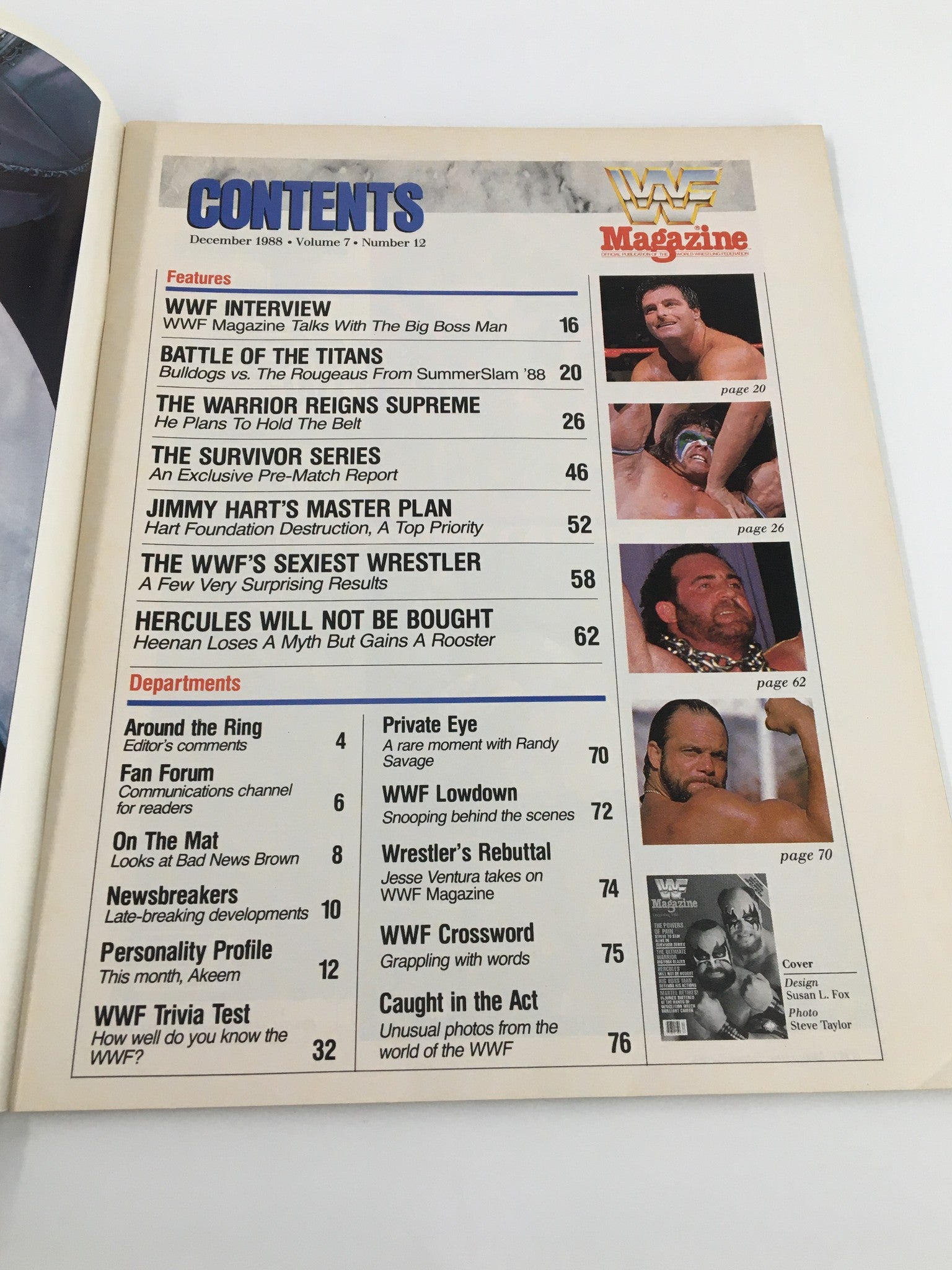 Contents page of the December 1988 WWF Magazine detailing featured articles including interviews and match highlights related to The British Bulldogs vs The Fabulous Rougeaus.