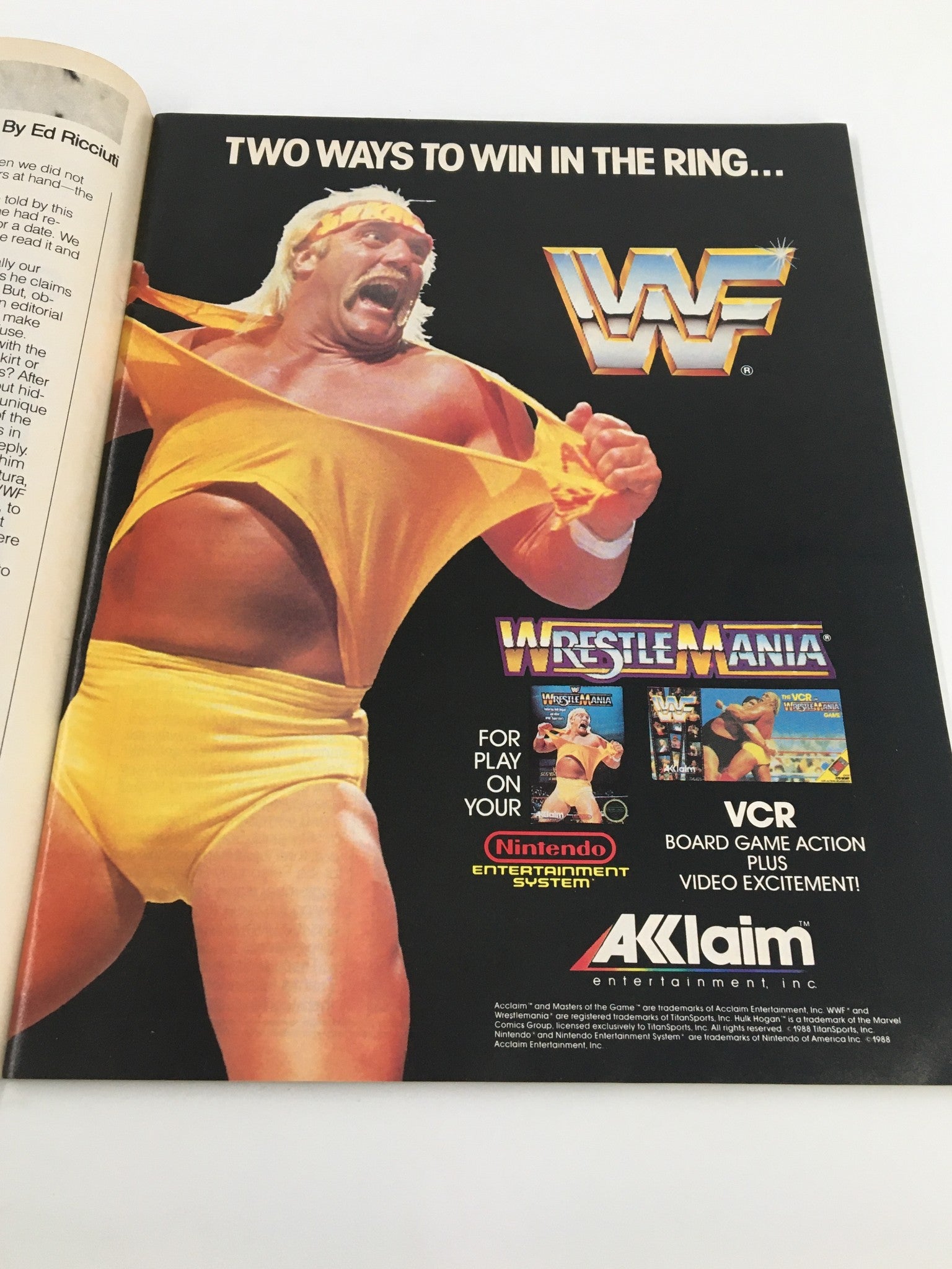 Advertisement in December 1988 WWF Magazine promoting WrestleMania video game featuring legendary wrestler Hulk Hogan, highlighting its availability for the Nintendo Entertainment System.