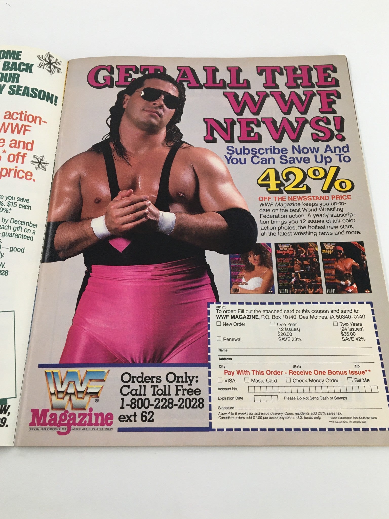 Subscription advertisement in December 1988 WWF Magazine inviting readers to subscribe to WWF News featuring wrestler Bret Hart, showcasing subscription savings and benefits.
