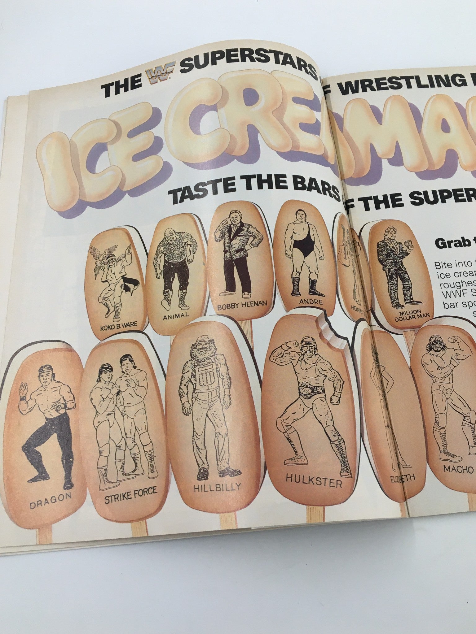 Inside page from VTG WWF Magazine December 1988 showcasing ice cream bars featuring wrestling superstars including Hulk Hogan, Bobby Heenan, and Macho Man.