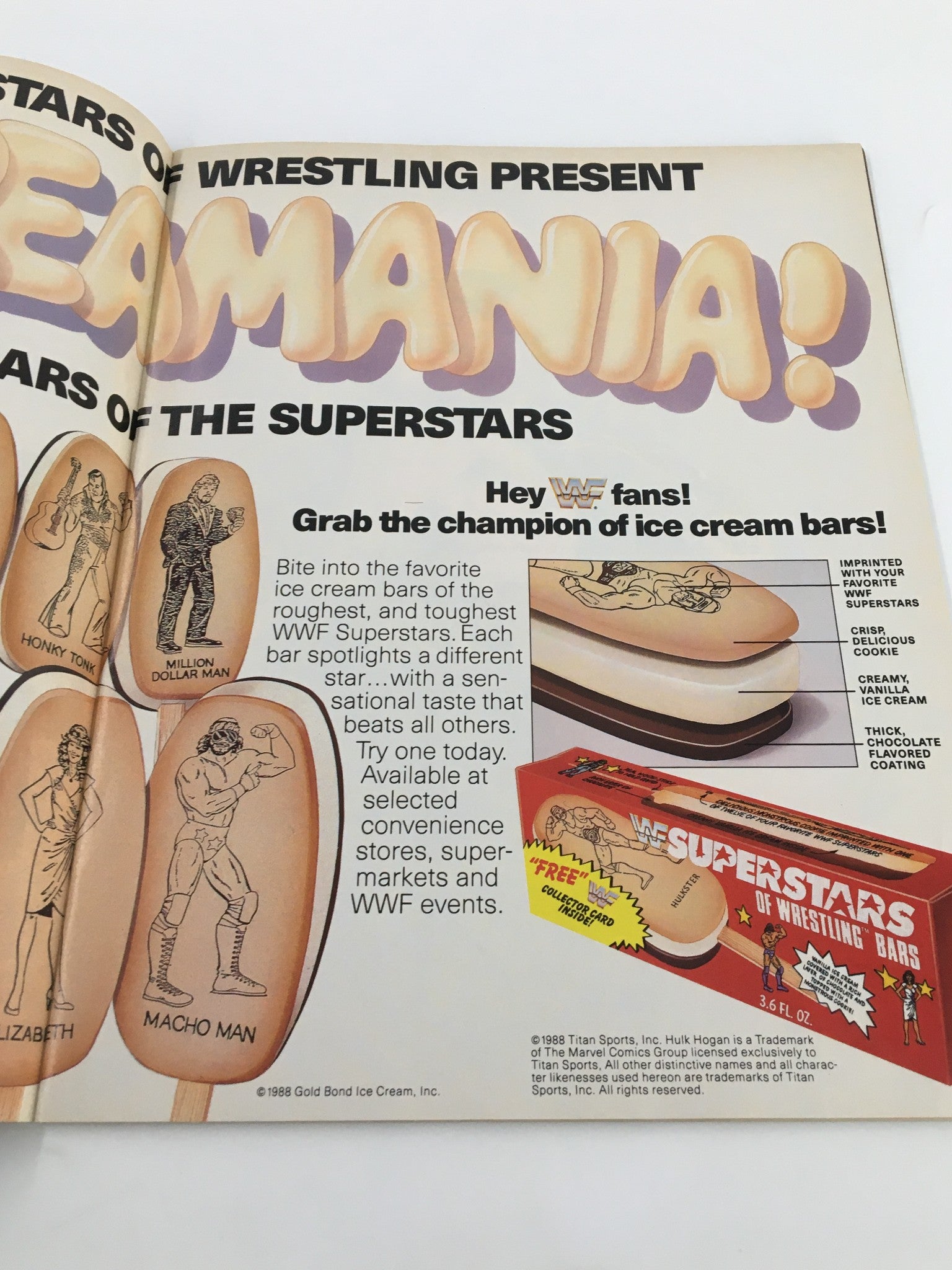 Inside page from VTG WWF Magazine December 1988 promoting wrestling-themed ice cream bars with illustrations of famous WWF wrestlers.