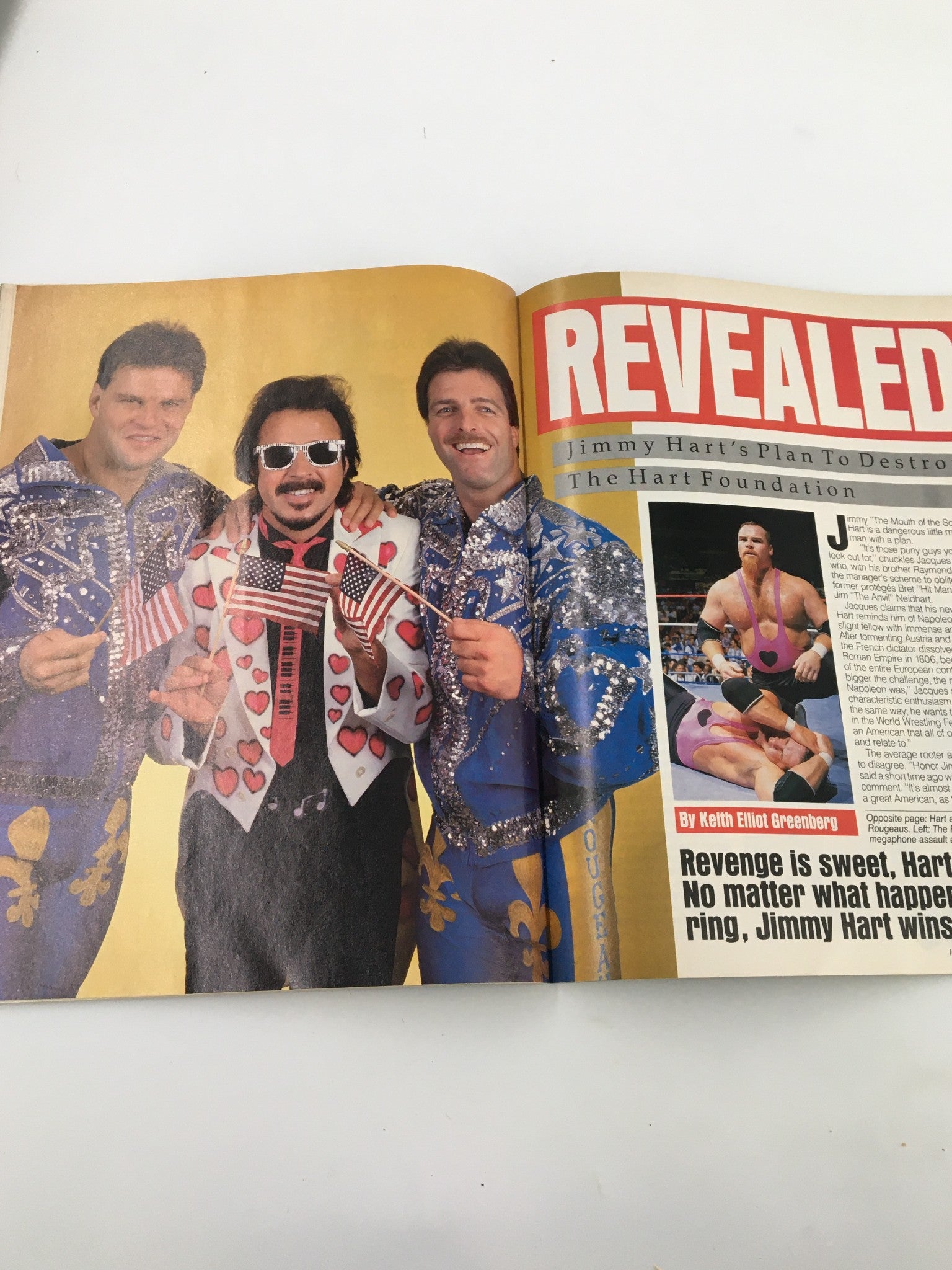 Vintage WWF Magazine December 1988 featuring Jimmy Hart with The Fabulous Rougeaus, showcasing wrestling culture and history.