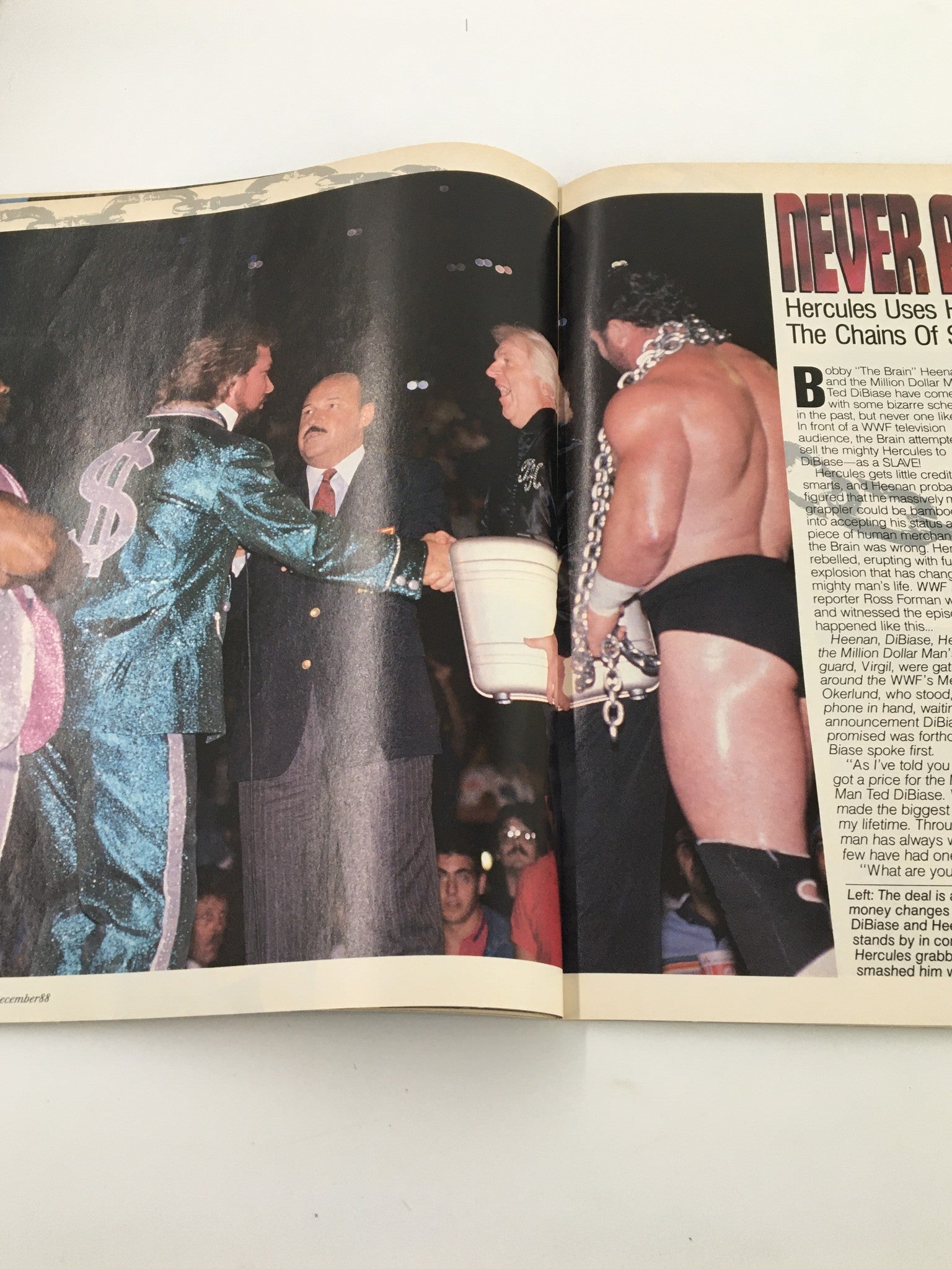 Page from WWF Magazine December 1988 illustrating a backstage moment between Hercules and other wrestling legends.
