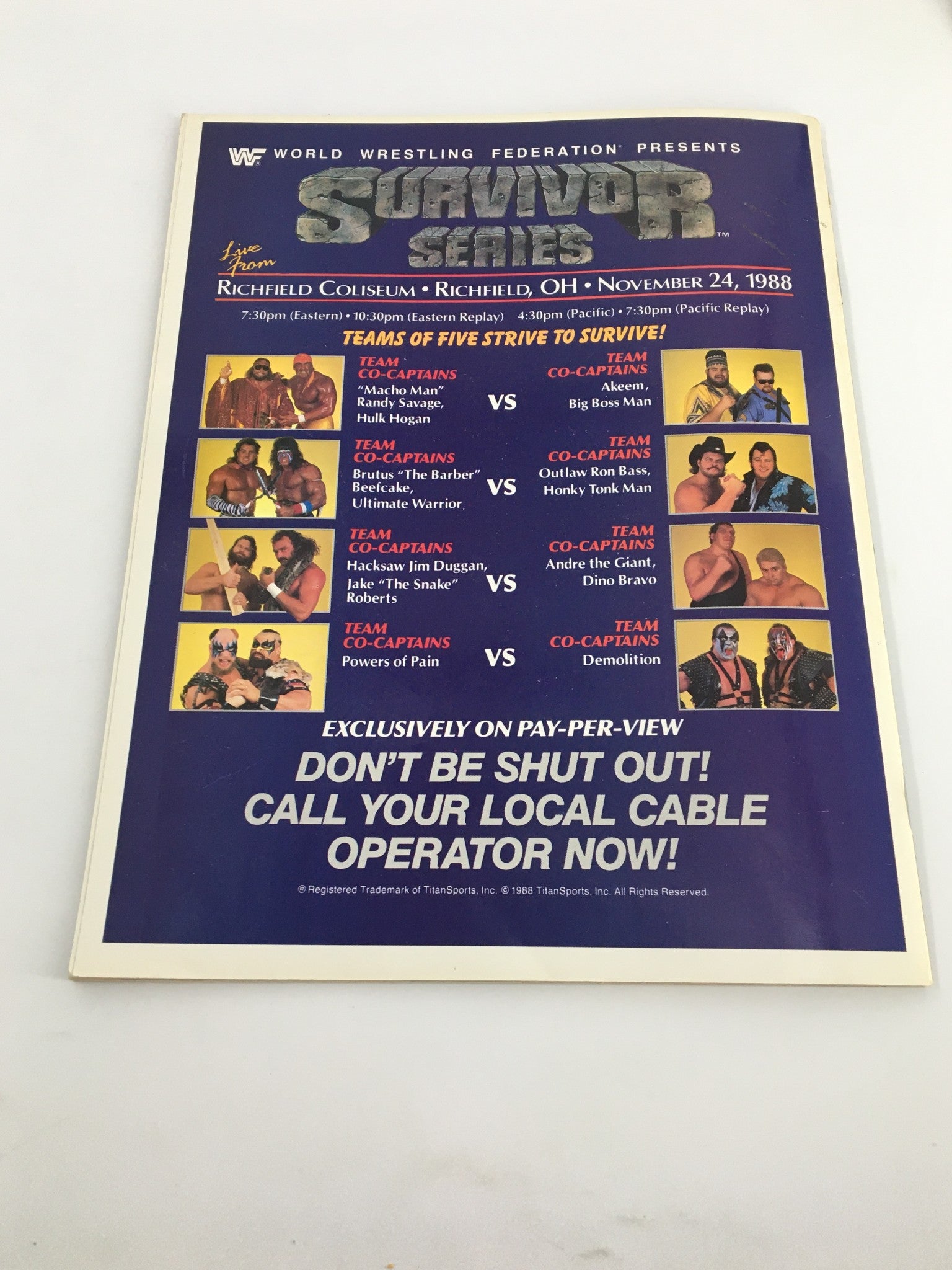 Promotional page from the WWF Magazine December 1988 detailing the Survivor Series event lineup, showcasing iconic matches.