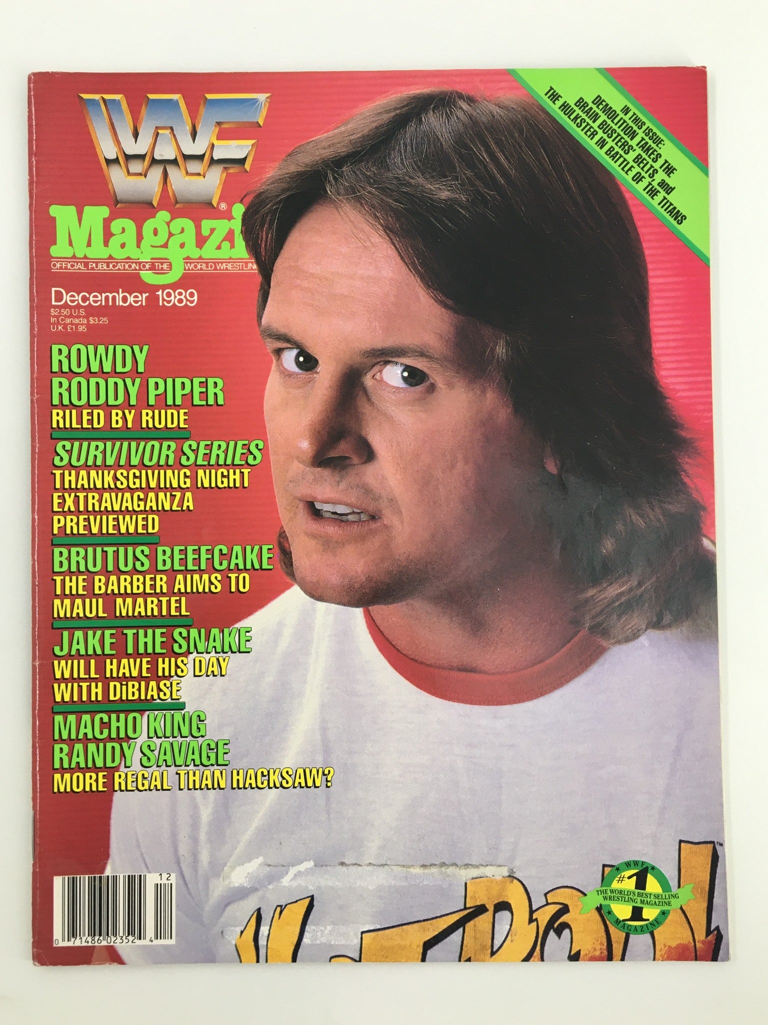 Cover of VTG WWF Magazine December 1989 featuring Rowdy Roddy Piper and Brutus Beefcake, showcasing their iconic wrestling personas and promotional content for Survivor Series.