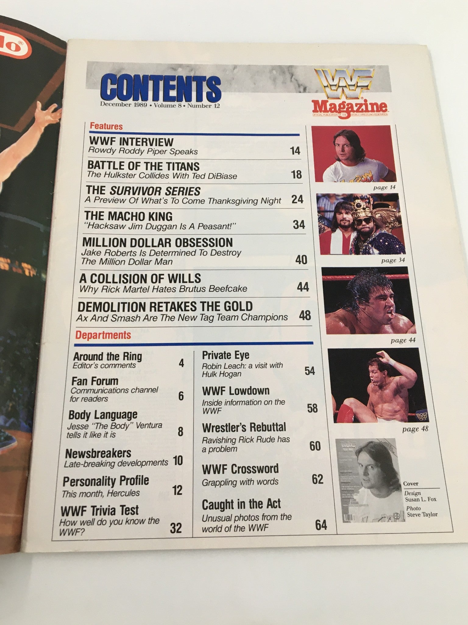 Table of contents page from VTG WWF Magazine December 1989, detailing features such as WWF interviews and articles on wrestling events and personalities.