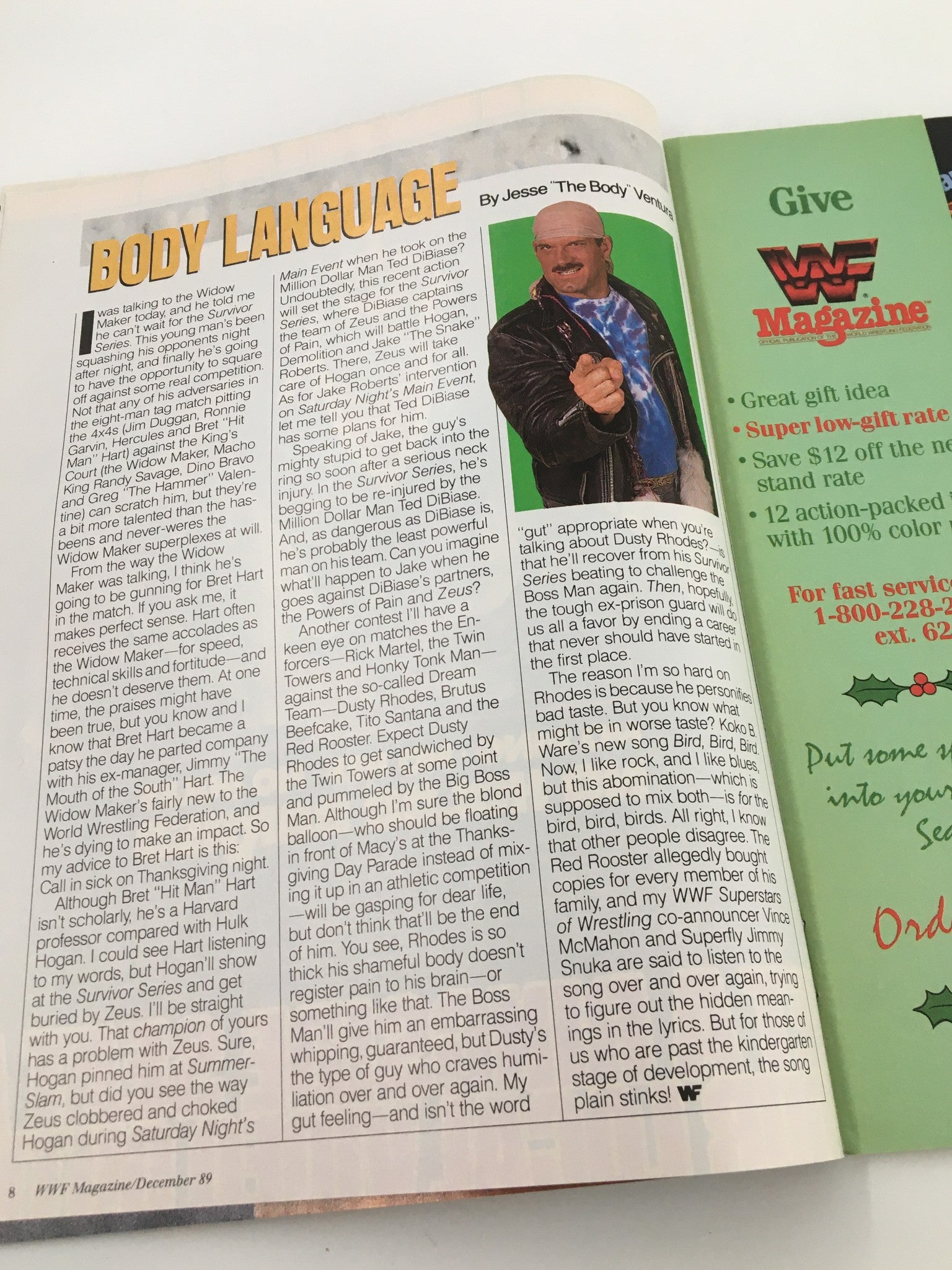Body Language article page from VTG WWF Magazine December 1989, written by Jesse 'The Body' Ventura, discussing wrestling strategies and personalities.
