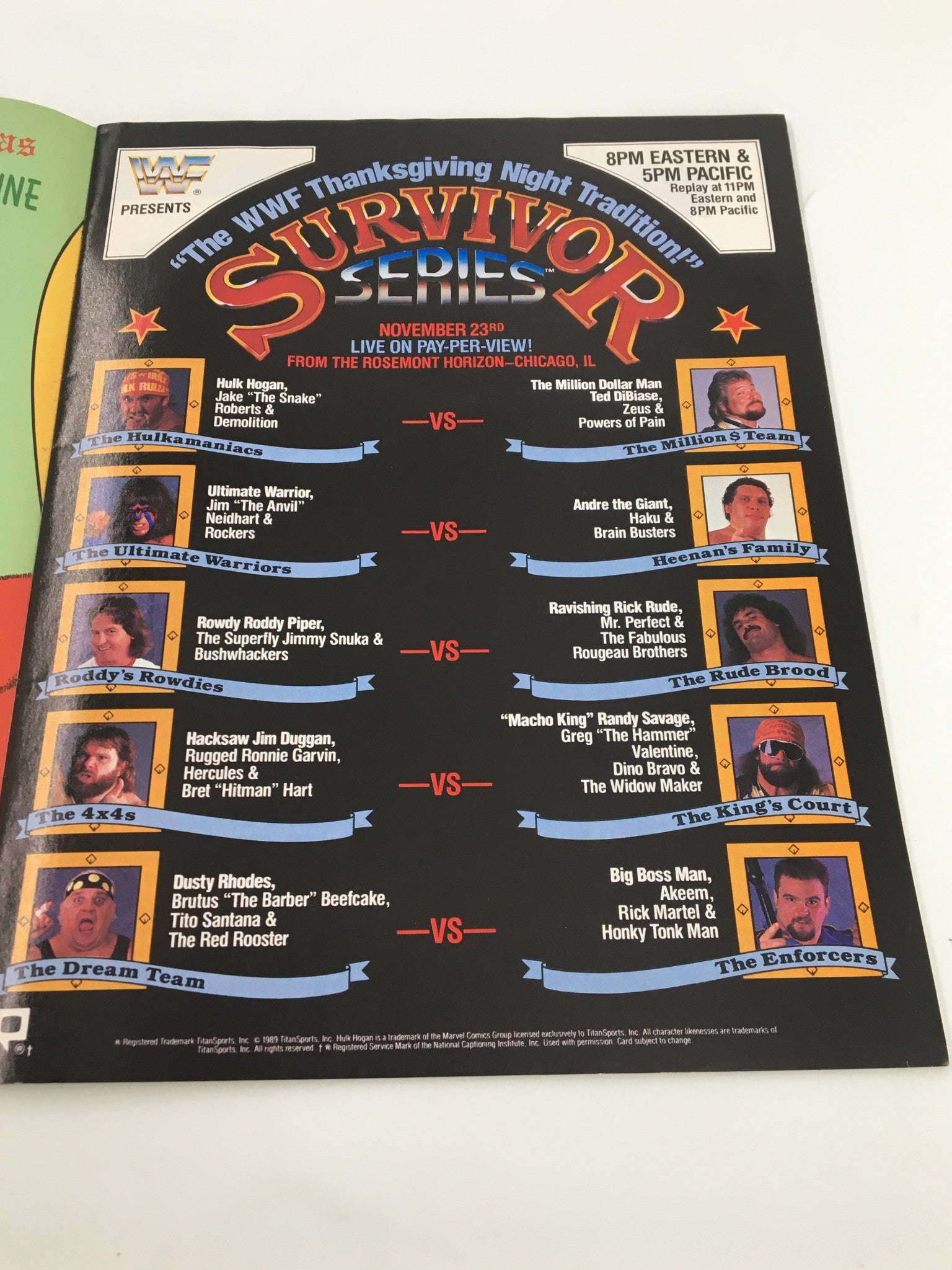 Vintage WWF Magazine December 1989 page featuring the Survivor Series matchups, including Hulk Hogan and Rowdy Roddy Piper, highlighting wrestling legends.