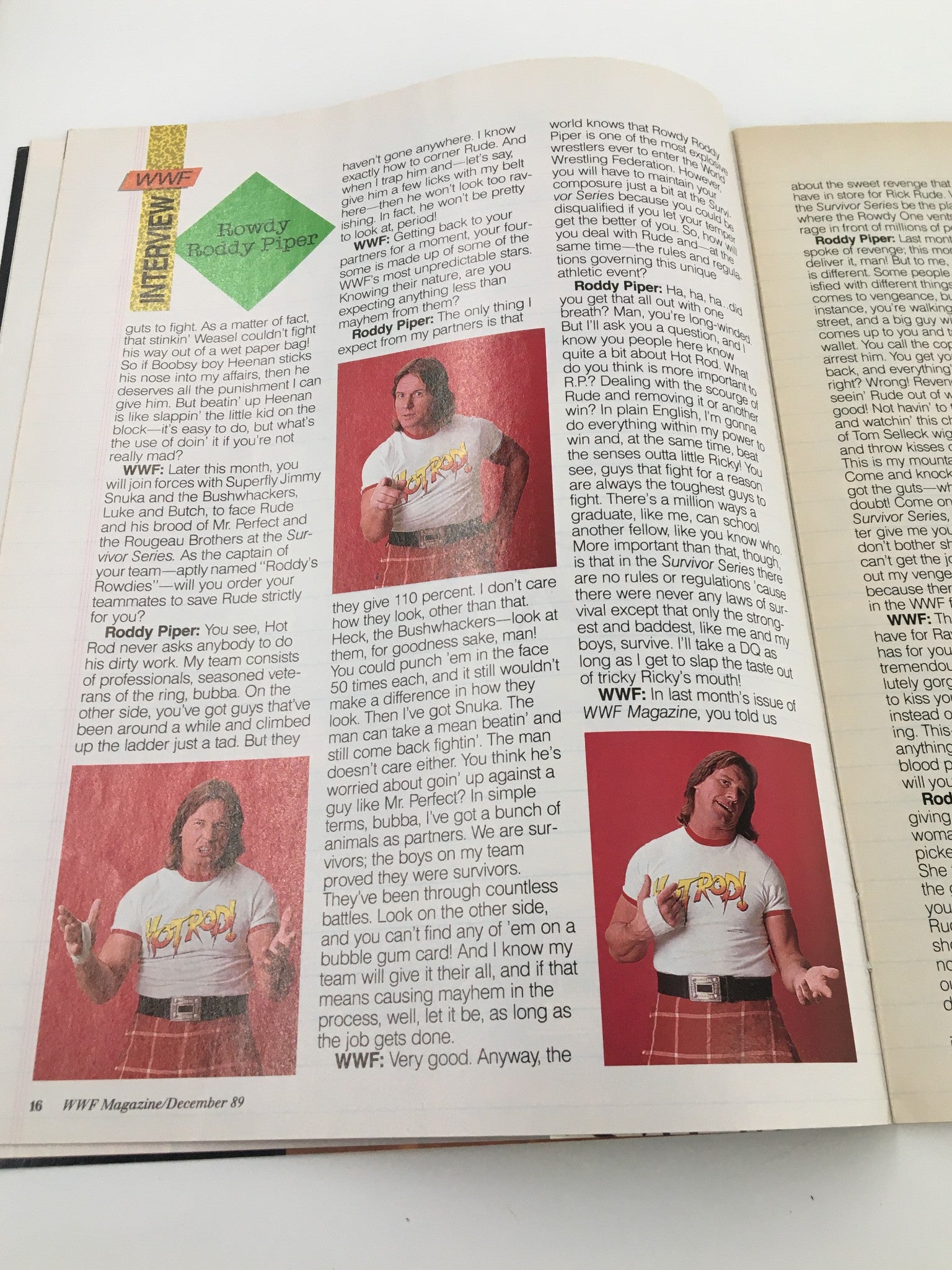 Inside page of the December 1989 WWF Magazine with an interview of Rowdy Roddy Piper showcasing his wrestling persona and antics.