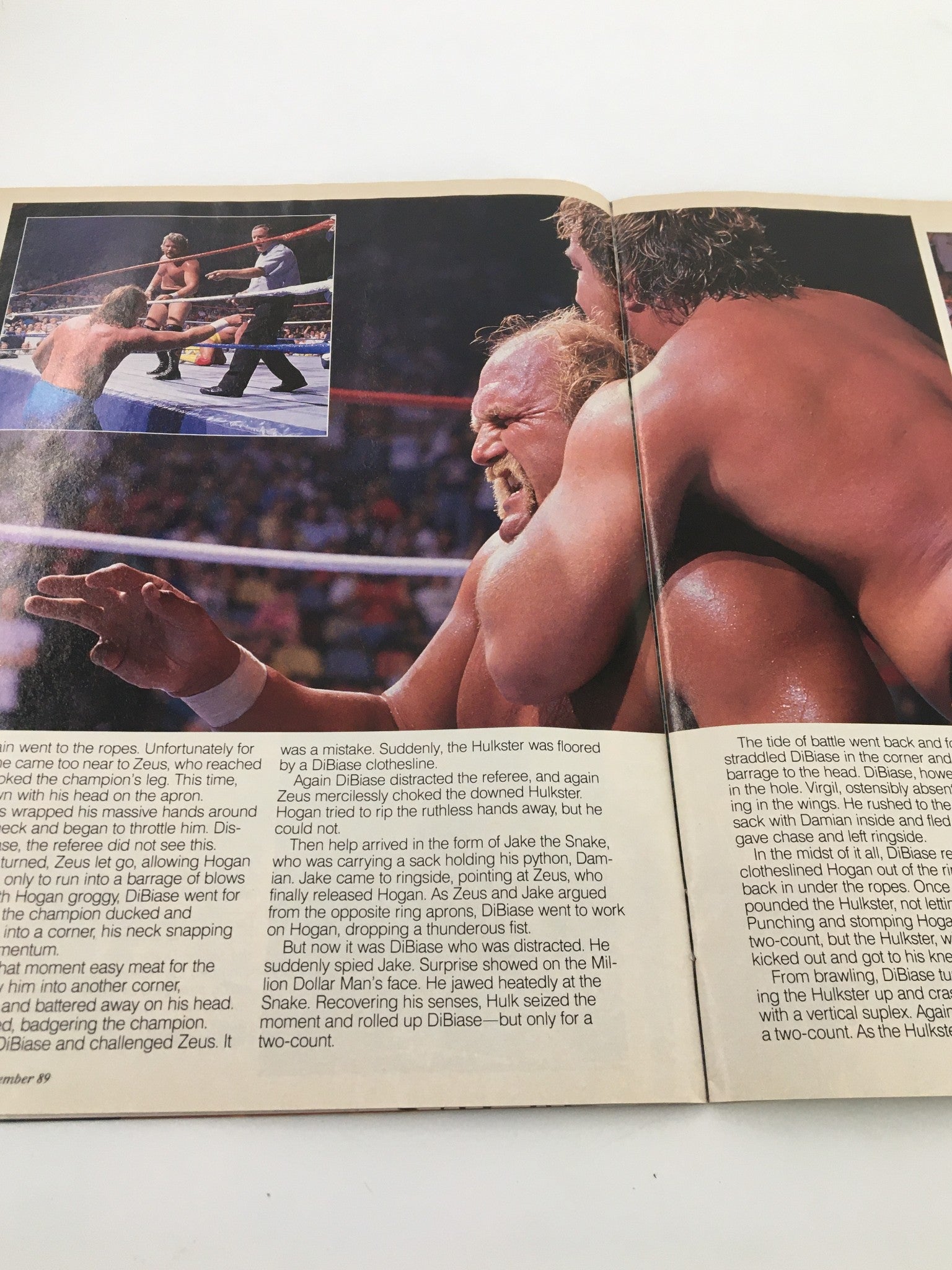 Action-packed page from December 1989 WWF Magazine depicting a wrestling match between Hulk Hogan and Ted DiBiase, capturing a key moment in WWF history.