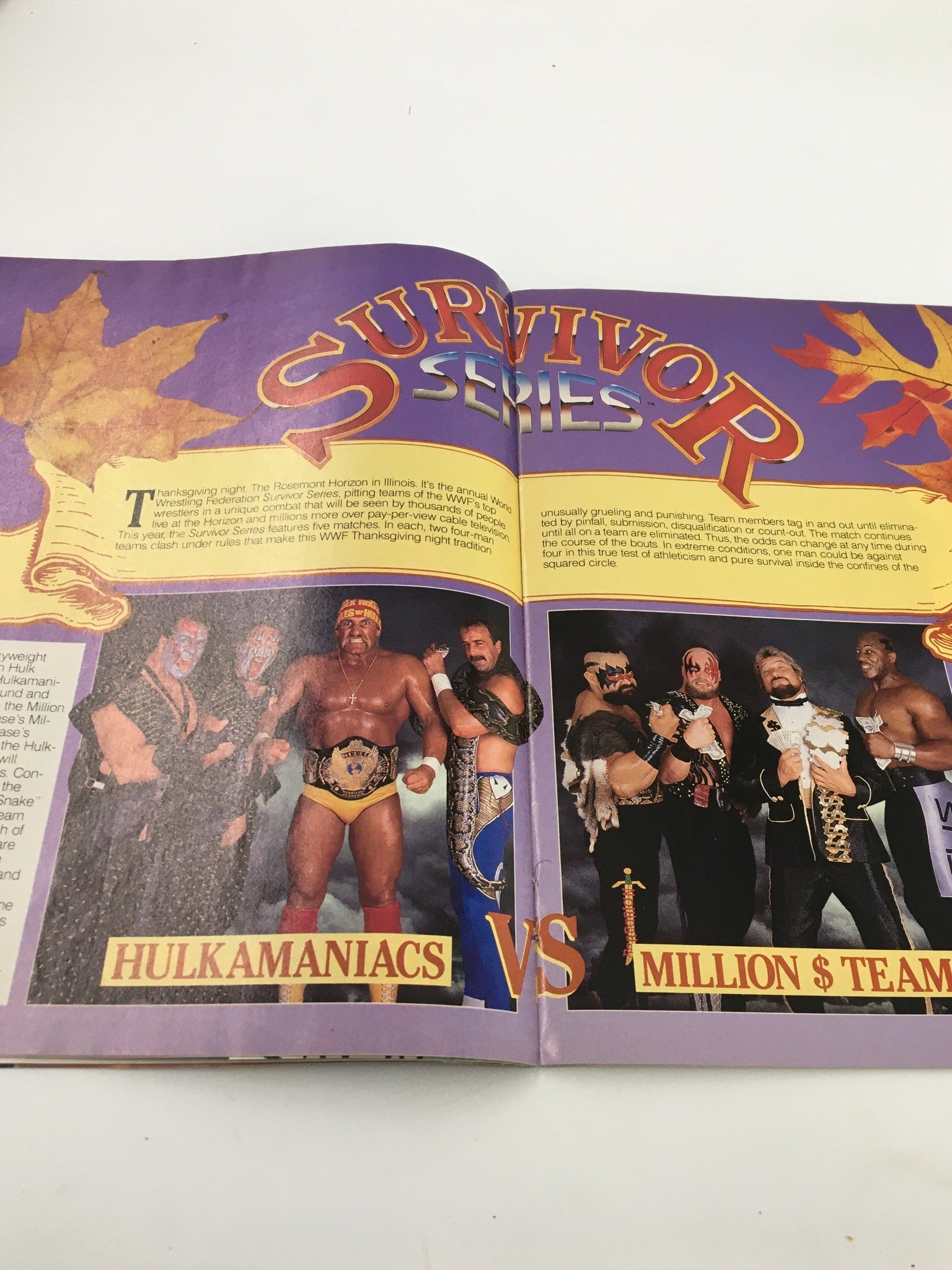 Featured spread in December 1989 WWF Magazine presenting the main event of the Survivor Series between the Hulkamaniacs and the Million Dollar Team.