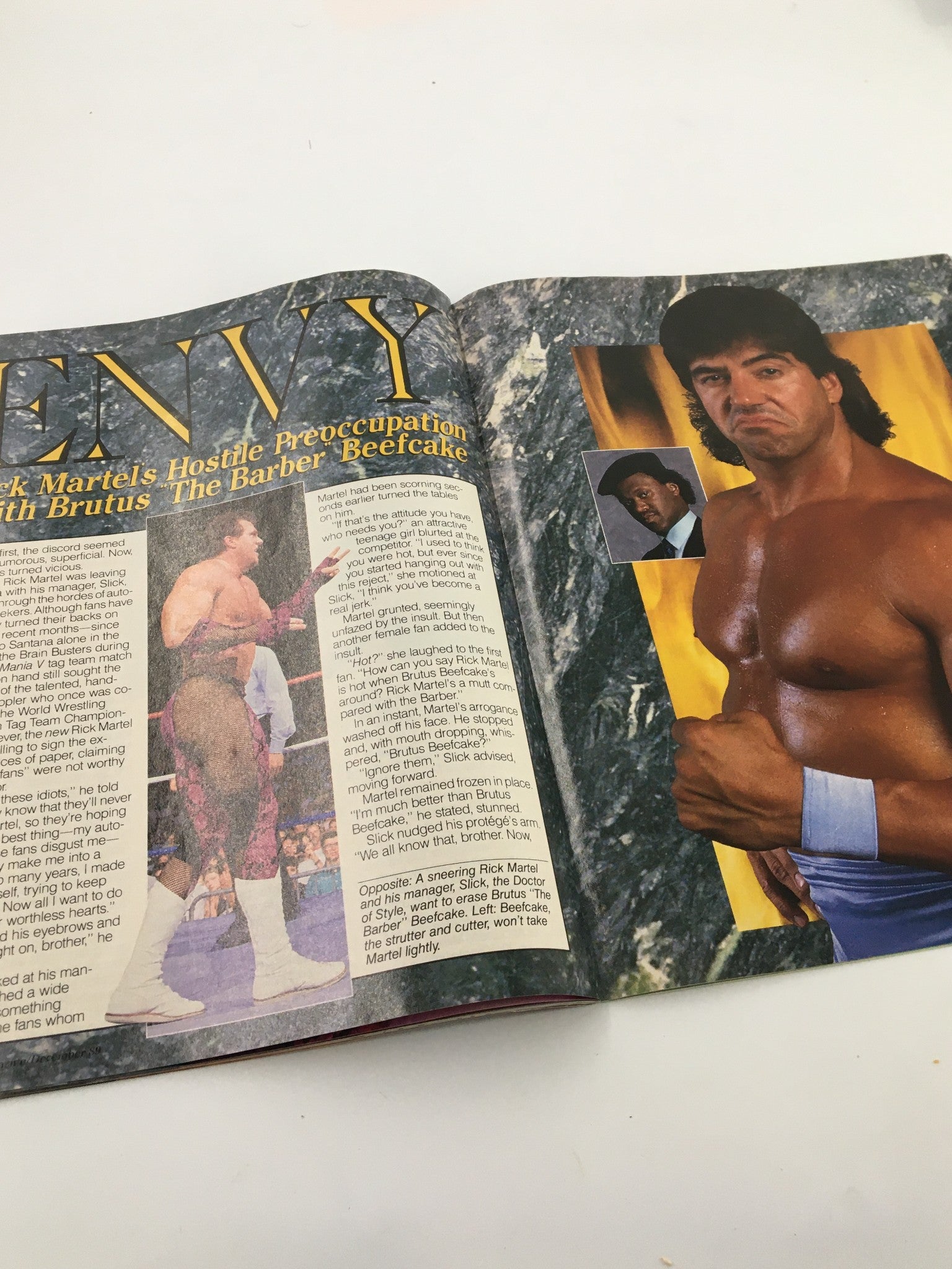 Vintage WWF Magazine December 1989 highlights Brutus 'The Barber' Beefcake and Rick Martel in a tense wrestling rivalry.