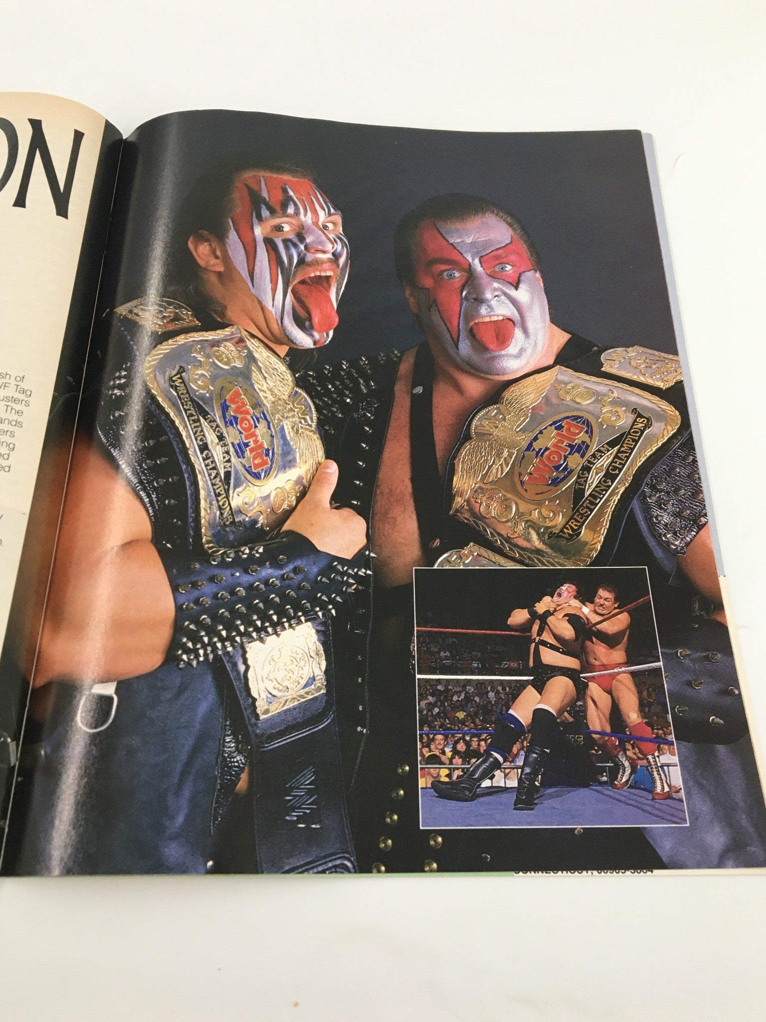 Vintage WWF Magazine December 1989 celebrates the Legion of Doom as tag team champions, displaying their iconic painted faces and championship belts.