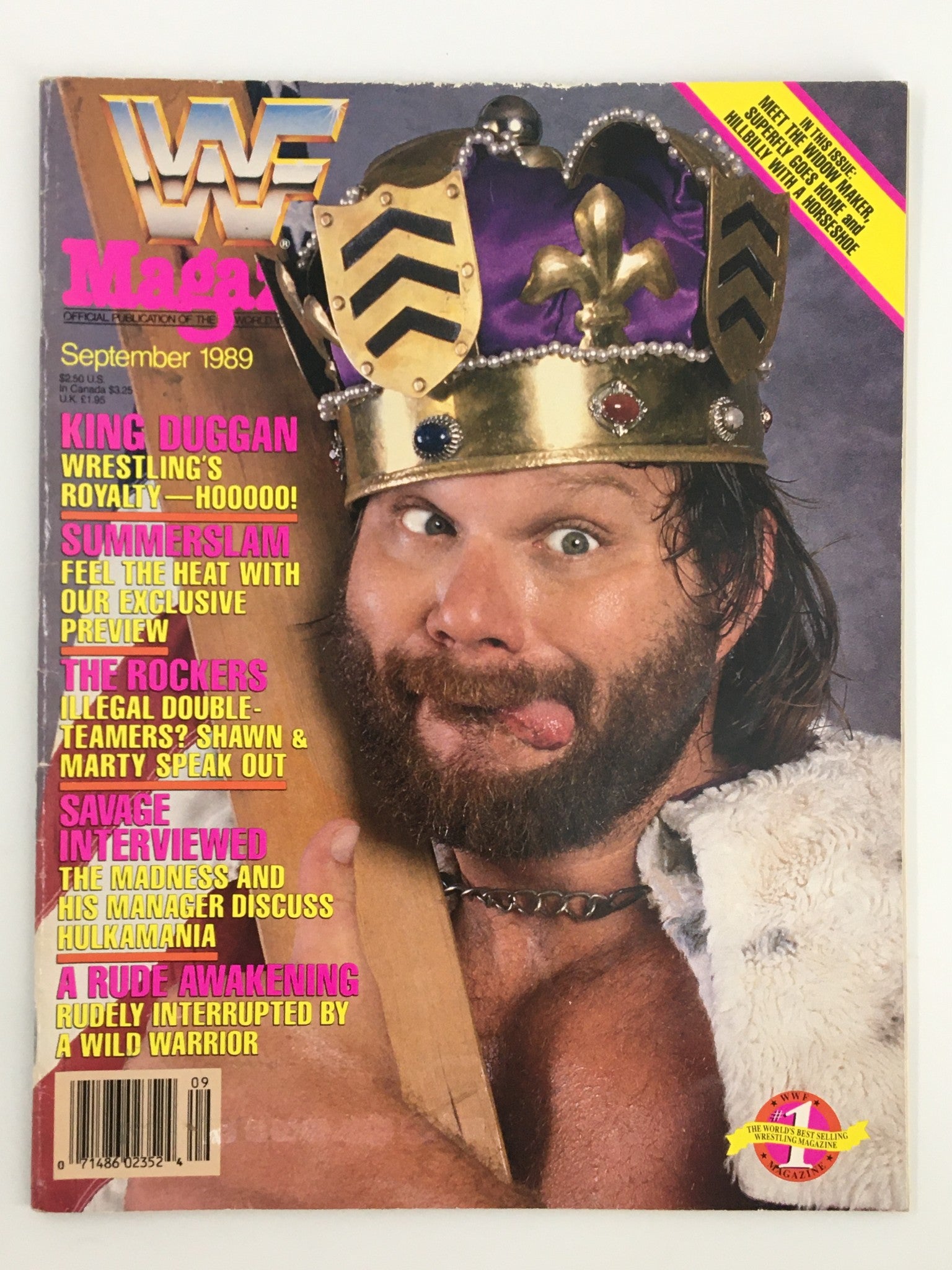 Cover of VTG WWF Magazine September 1989 featuring King Duggan in a crown, with headlines about The Rockers and Randy Savage, capturing the essence of 80s wrestling culture.