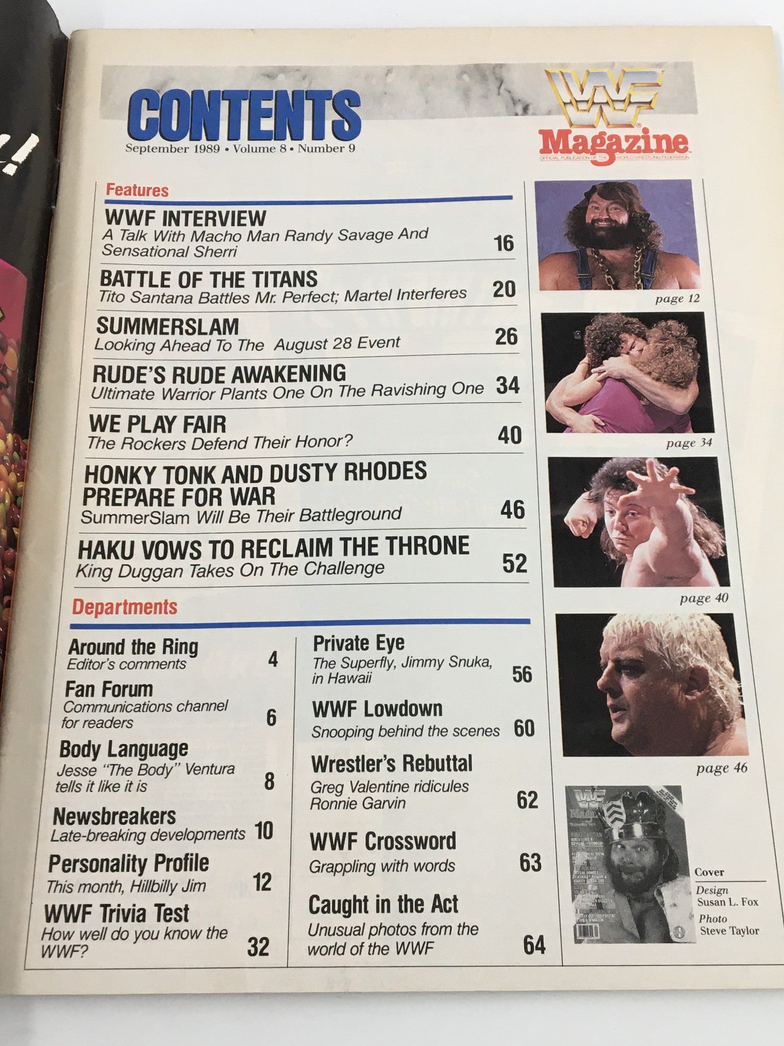 Contents page of VTG WWF Magazine September 1989, listing features including WWF interview with Randy Savage and sections highlighting popular matches and segments of the era.