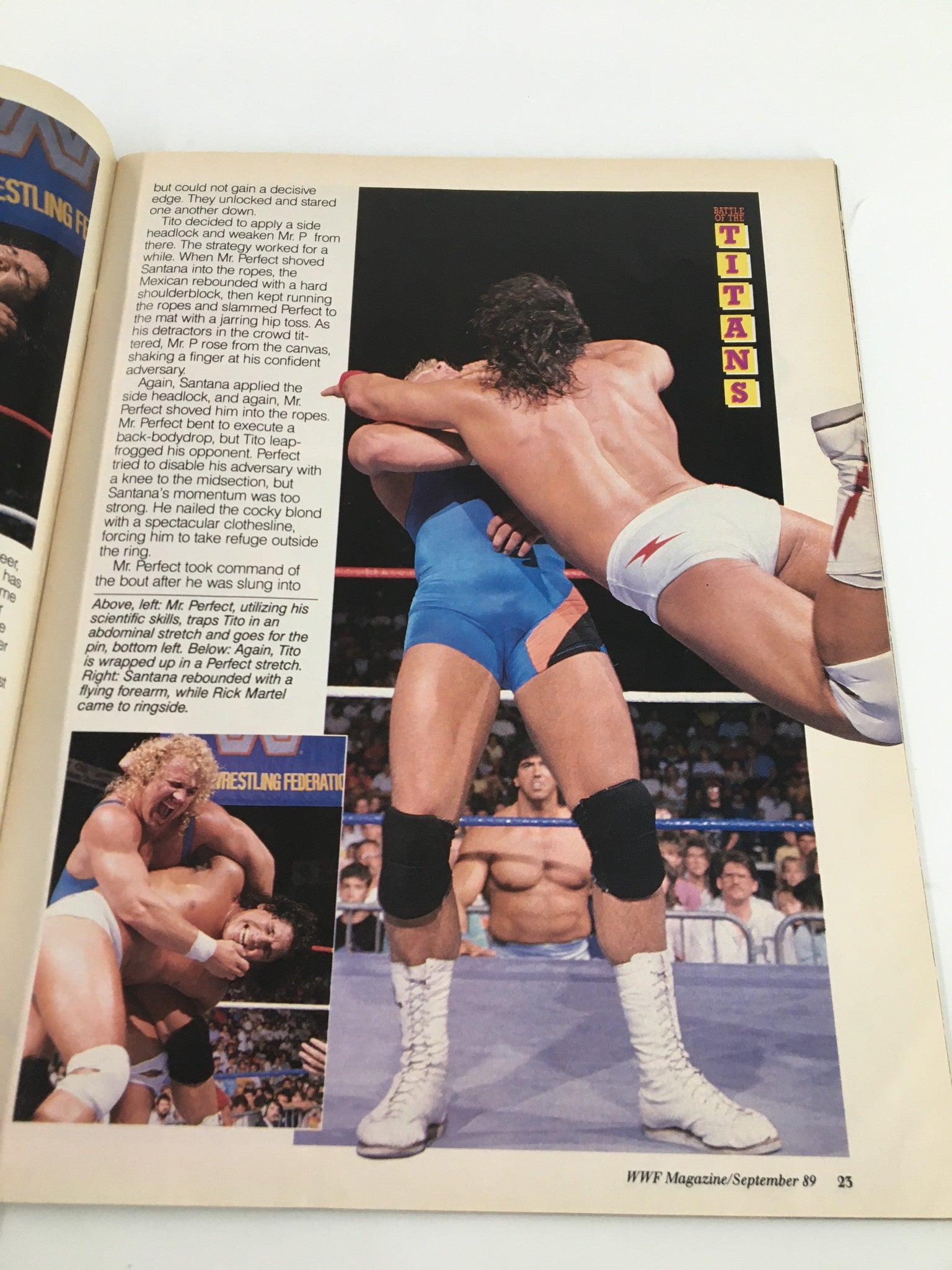 Action-packed page from VTG WWF Magazine September 1989 depicting a match between Tito Santana and Mr. Perfect, showcasing the thrilling matches of the late 80s wrestling era.