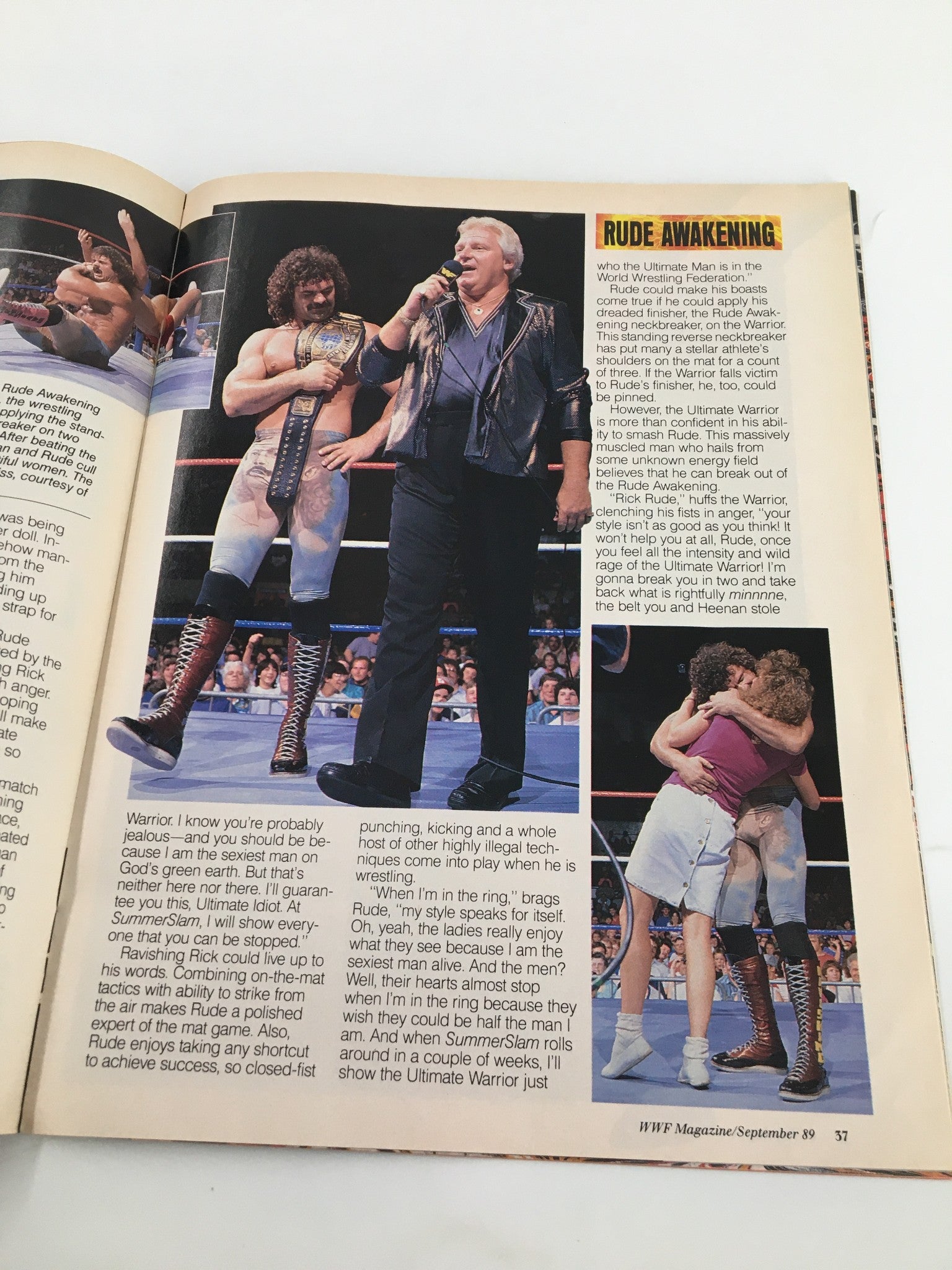 Another page from the VTG WWF Magazine September 1989 showing Ravishing Rick Rude with Bobby Heenan in the wrestling ring. Highlights Rude's confidence and wrestling style.