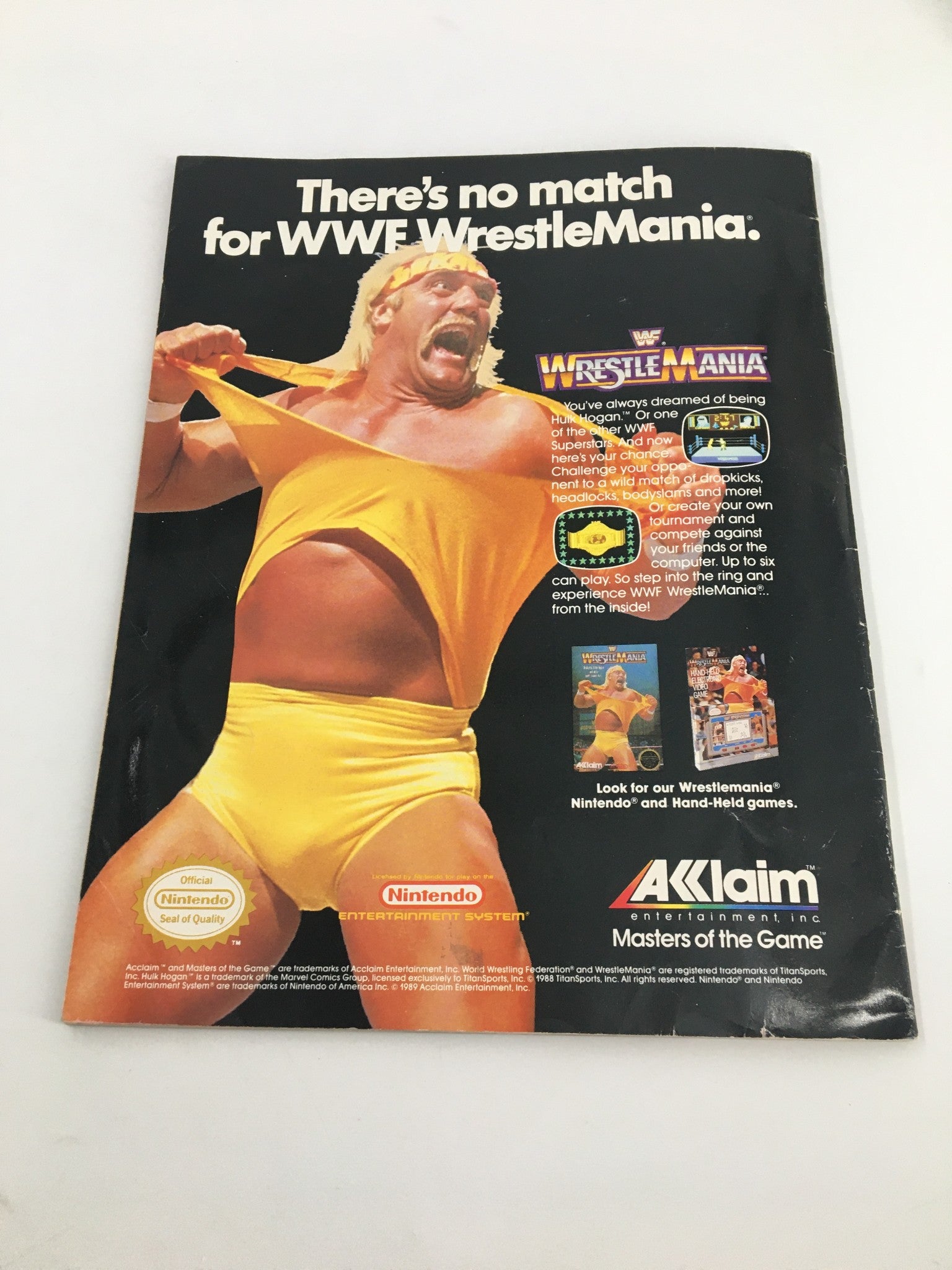 Back cover of the VTG WWF Magazine September 1989 advertising WWF WrestleMania featuring Hulk Hogan. Promotes the video game experience with vibrant imagery.