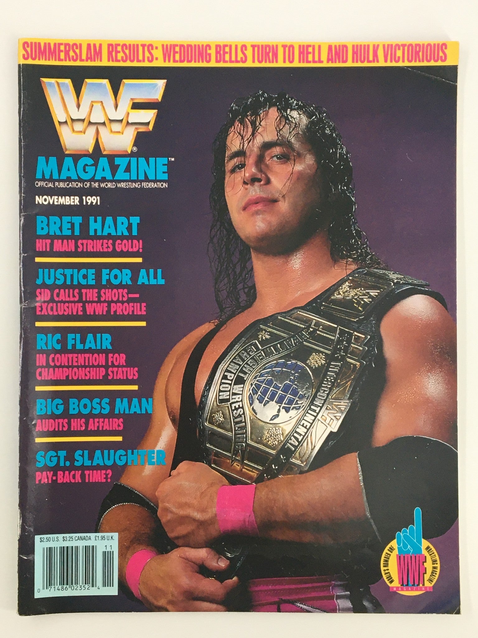 Cover of VTG WWF Magazine November 1991 featuring Bret Hart, Ric Flair, and Sgt. Slaughter with prominent wrestling illustrations.