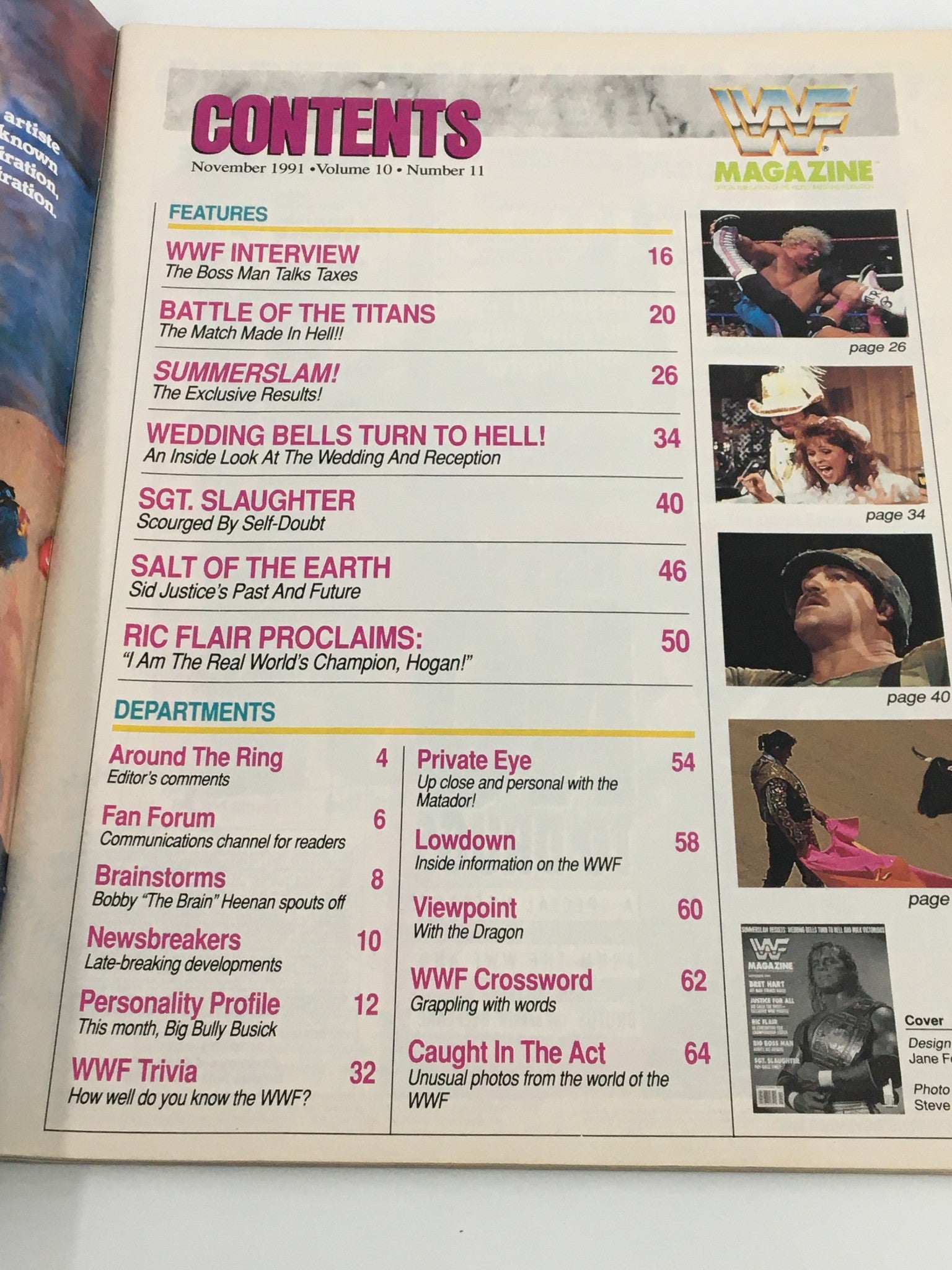 Table of contents page from VTG WWF Magazine November 1991 outlining featured articles and sections including 'WWF Interview' and 'Battle of the Titans'.