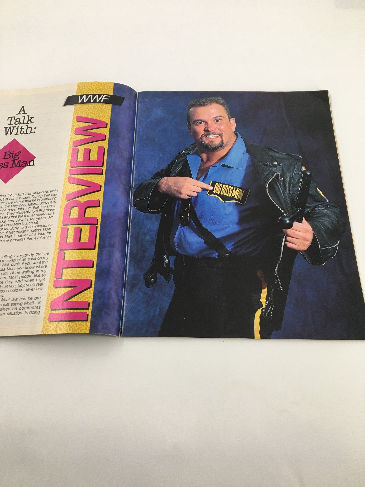 Vintage WWF Magazine November 1991 featuring an interview with Big Boss Man in a vibrant page layout.