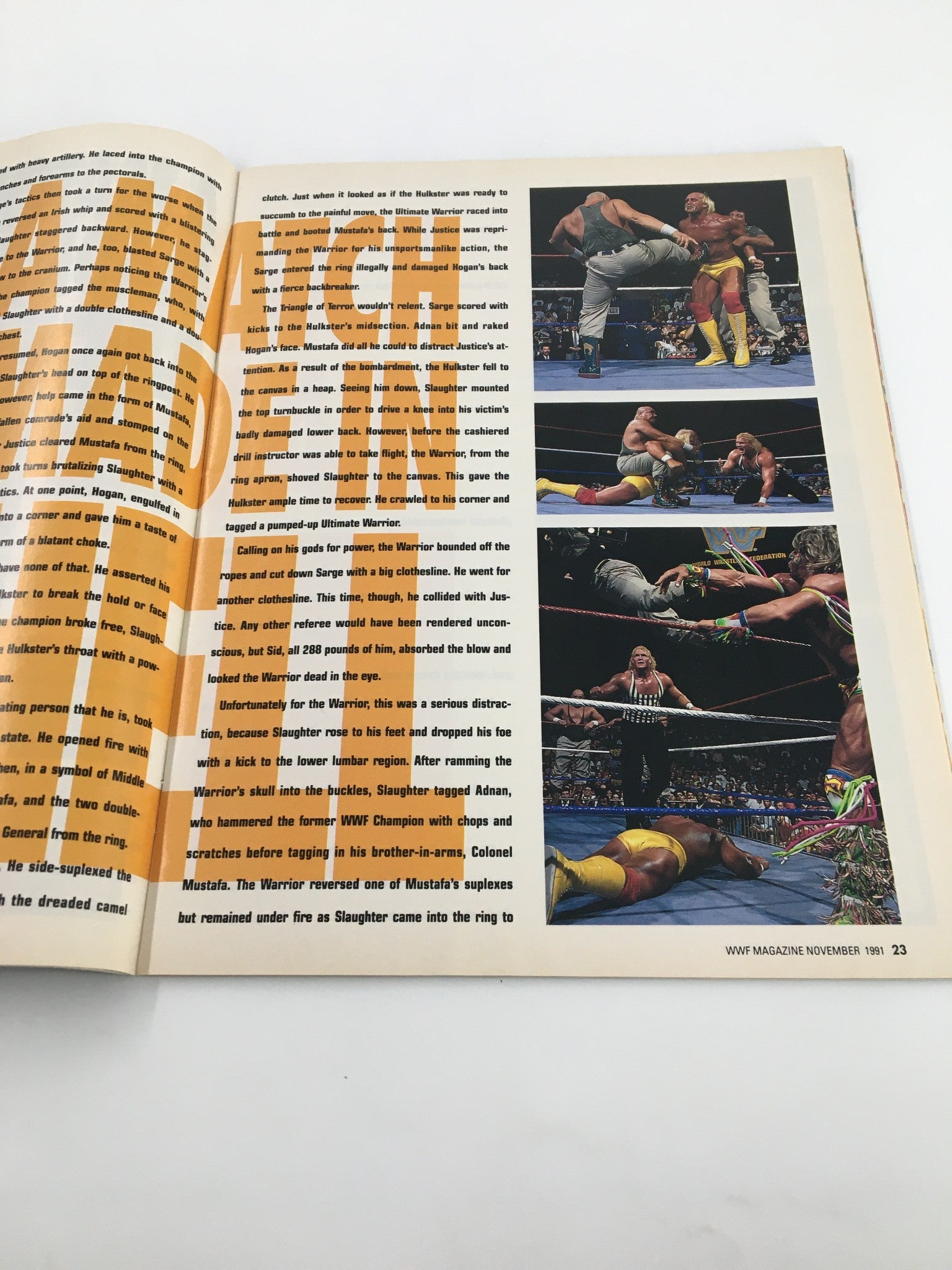 Image from November 1991 WWF Magazine showcasing an iconic wrestling match featuring notable wrestlers.