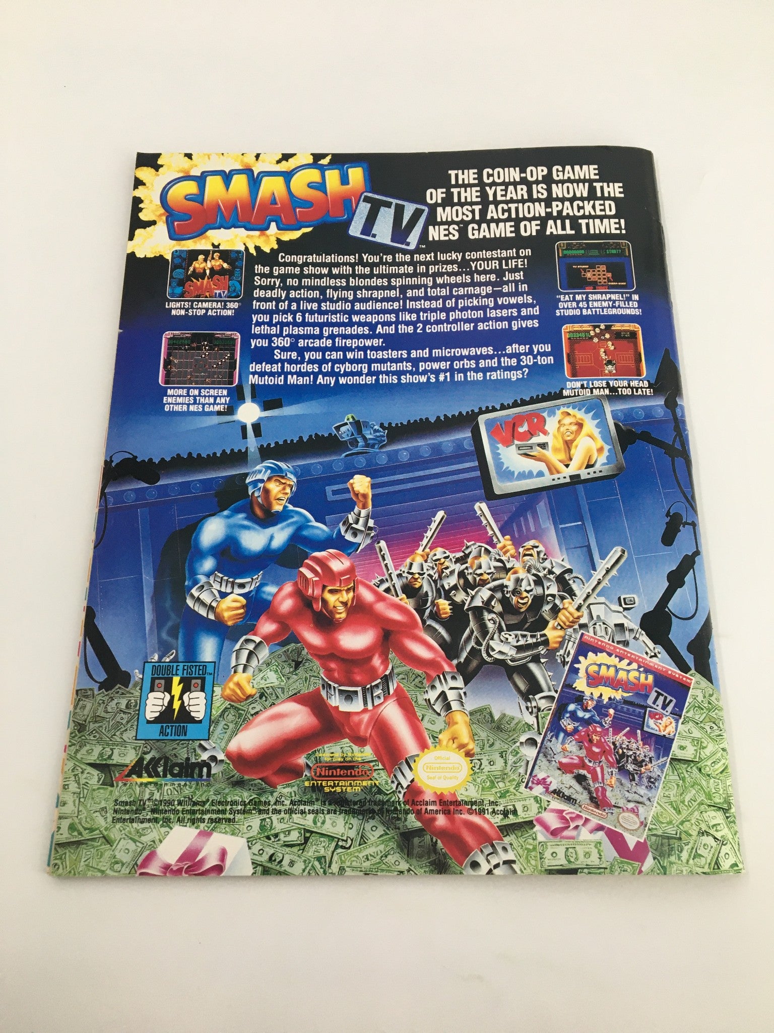 Advertisement from WWF Magazine November 1991 for the action-packed NES game Smash TV.