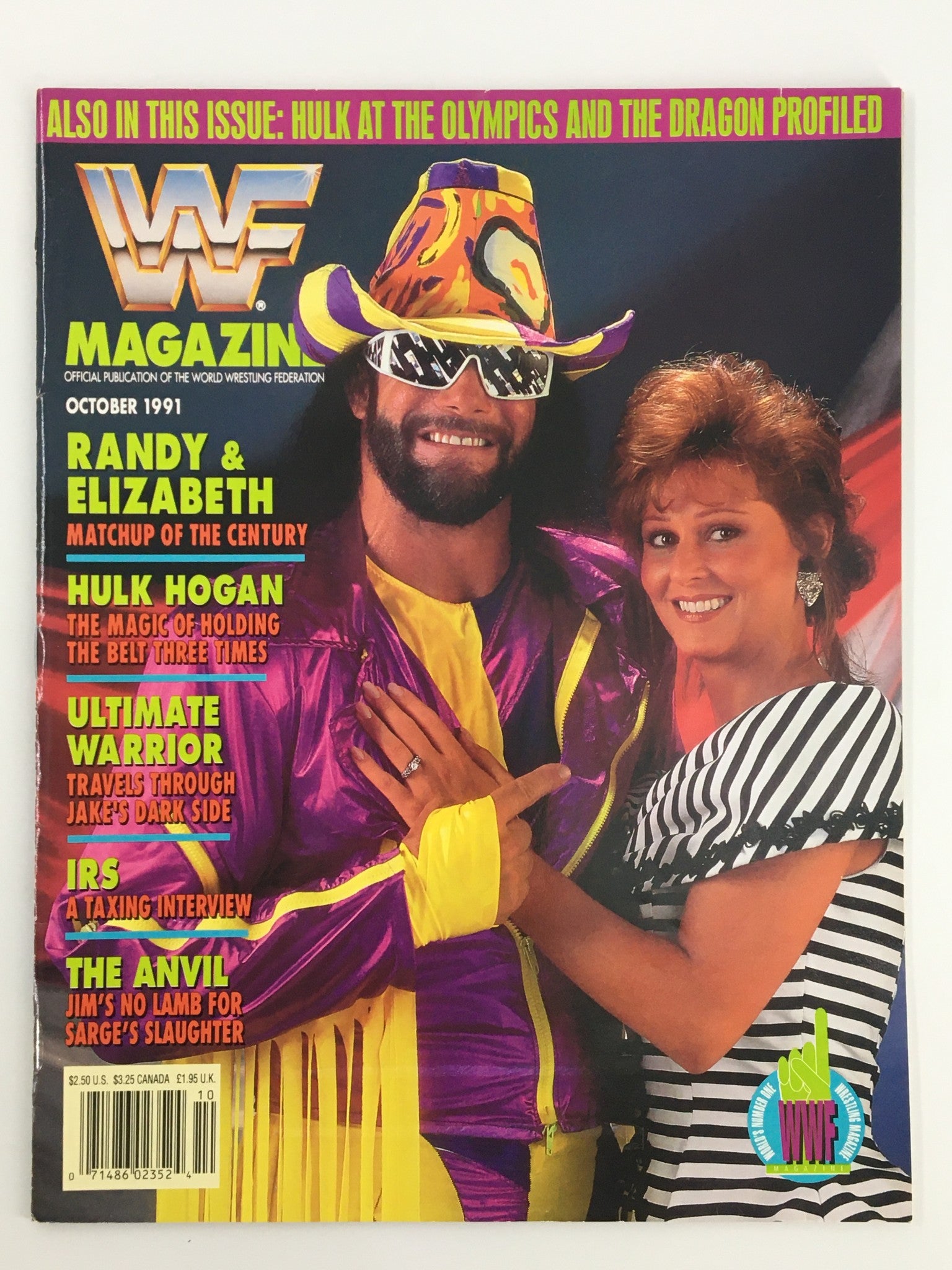 Front cover of the VTG WWF Magazine, October 1991, featuring Randy Savage and Elizabeth, along with Hulk Hogan and Ultimate Warrior. A vintage wrestling collectible showcasing iconic wrestlers.