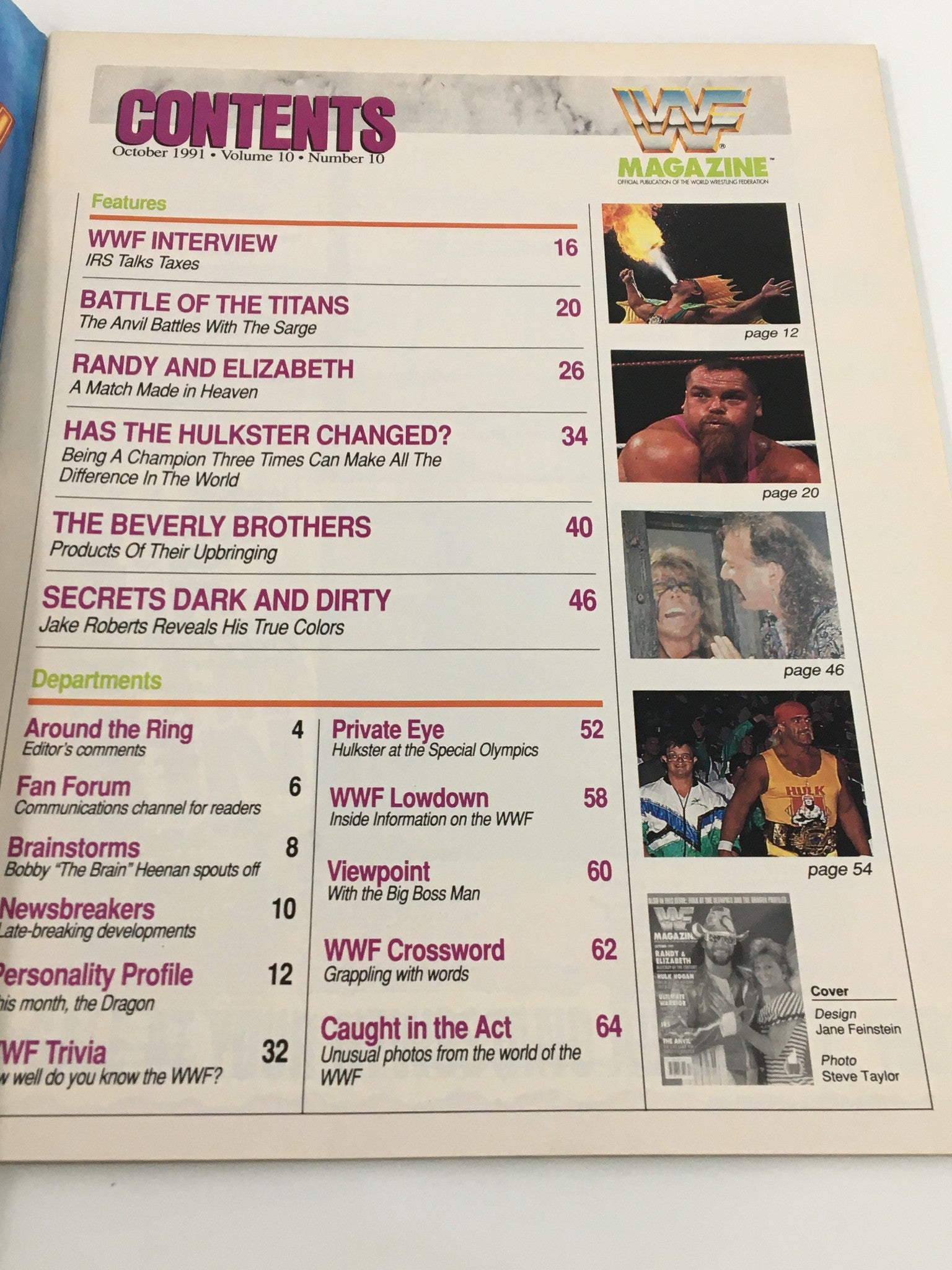 Contents page of the VTG WWF Magazine, October 1991, listing articles including Randy and Elizabeth, Hulk Hogan, and Ultimate Warrior. An essential part for collectors of wrestling memorabilia.