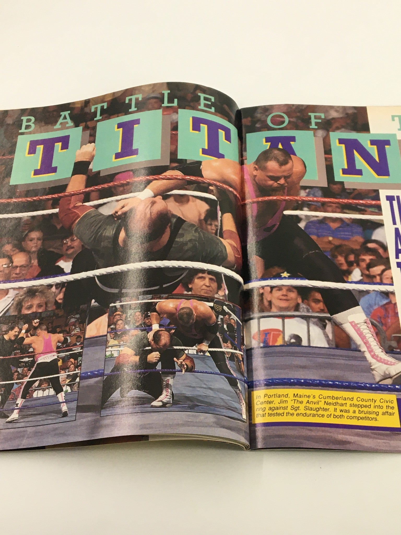 Action-packed wrestling scene featured in WWF Magazine October 1991, capturing a dramatic moment between two competitors in the ring.
