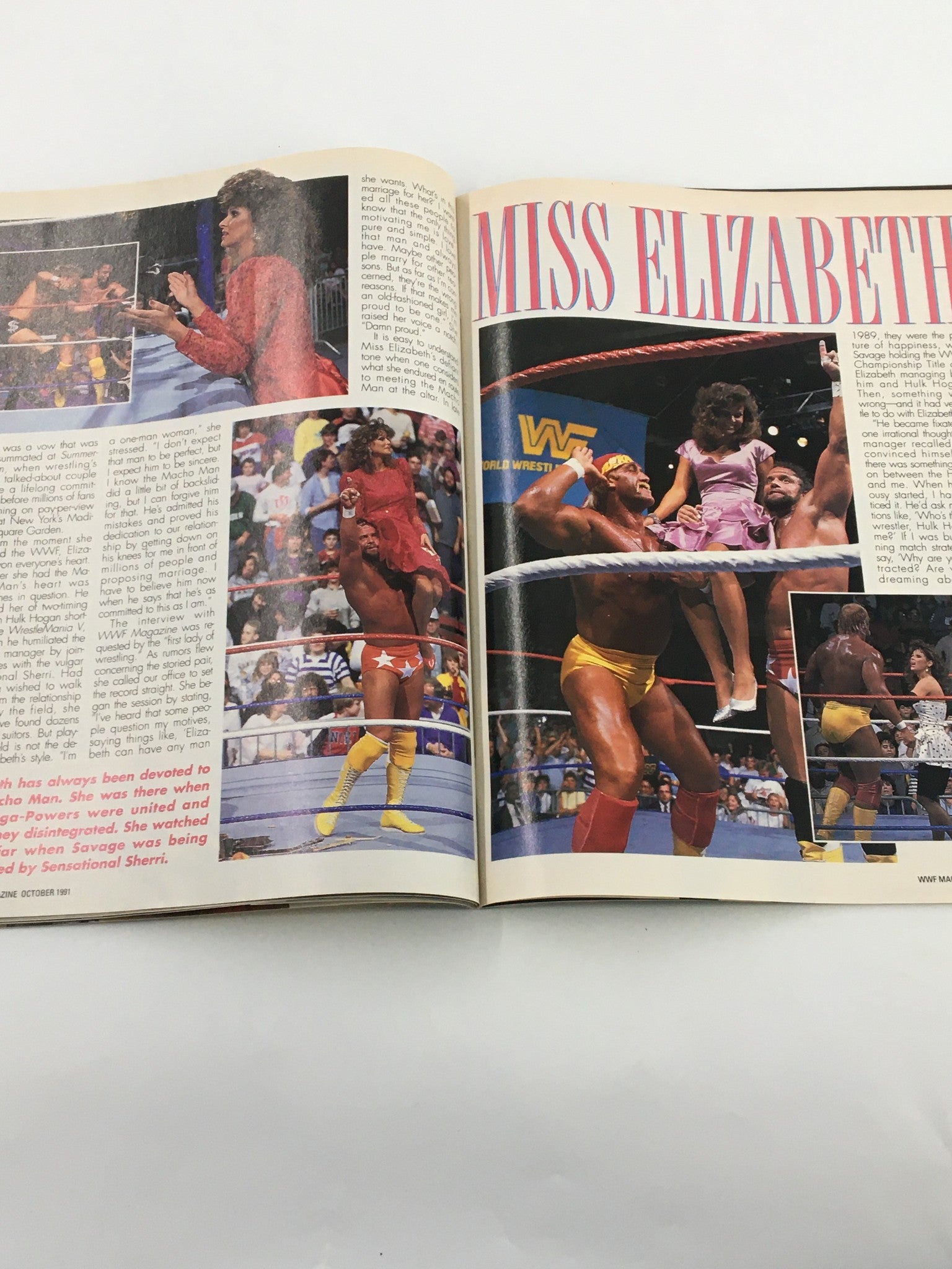 VTG WWF Magazine October 1991 featuring Miss Elizabeth in a red dress interacting with Randy Savage and Hulk Hogan in the ring.