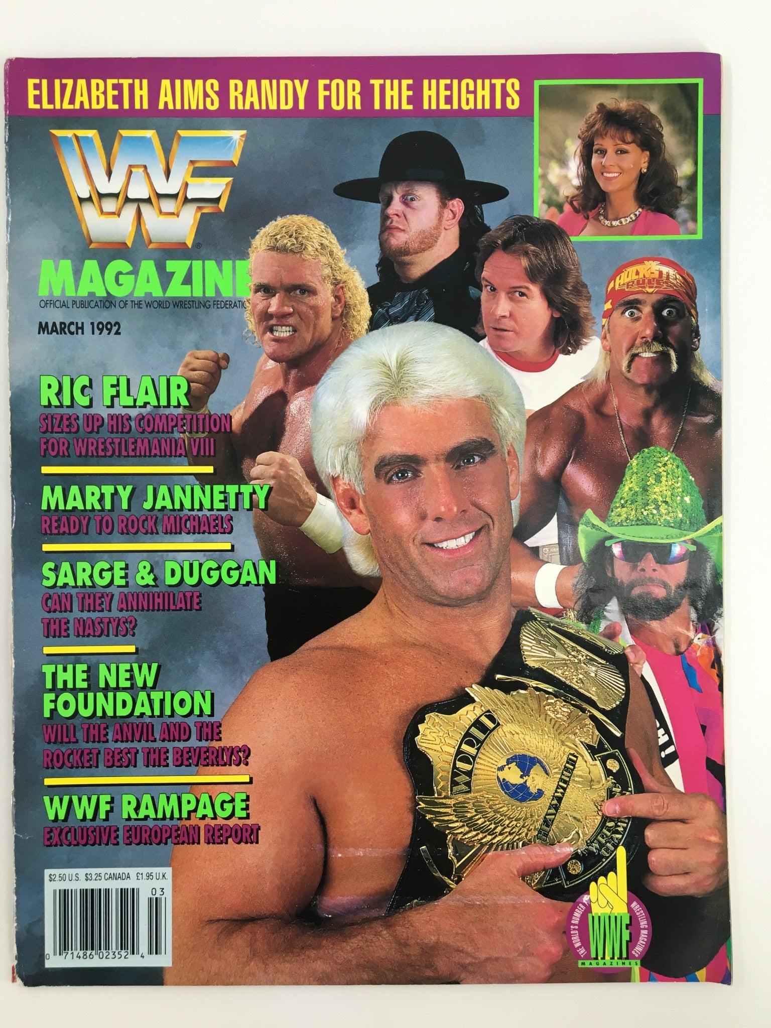 Vintage WWF Magazine March 1992 featuring Ric Flair, Marty Jannetty, Sarge, and Duggan on the cover, highlighting iconic wrestling personalities and events.
