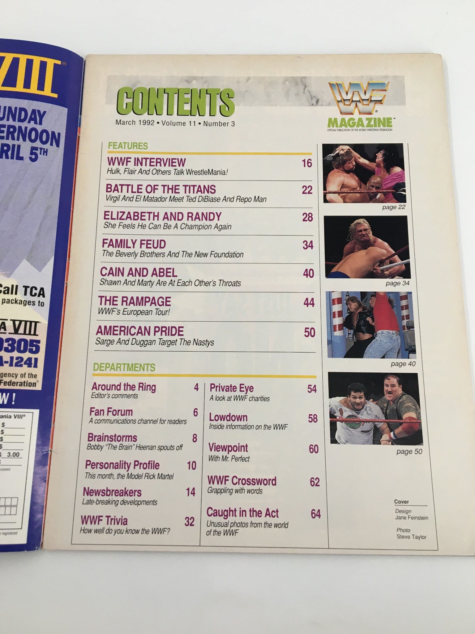 Contents page of WWF Magazine March 1992, showcasing articles and features including WWF interview, family feud, and American pride, centered around wrestling legends.