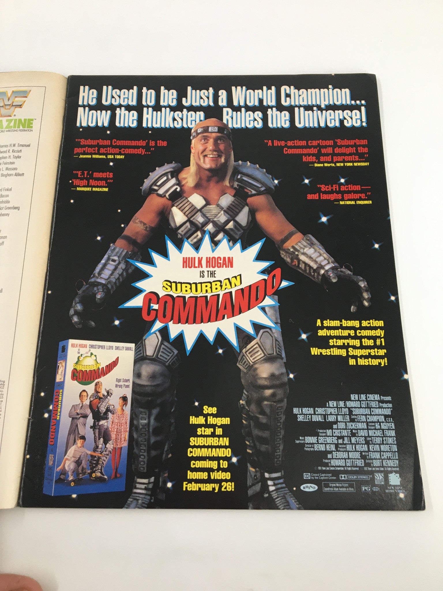 WWF Magazine March 1992 cover featuring Hulk Hogan promoting the movie 'Suburban Commando' with action-comedy highlights.