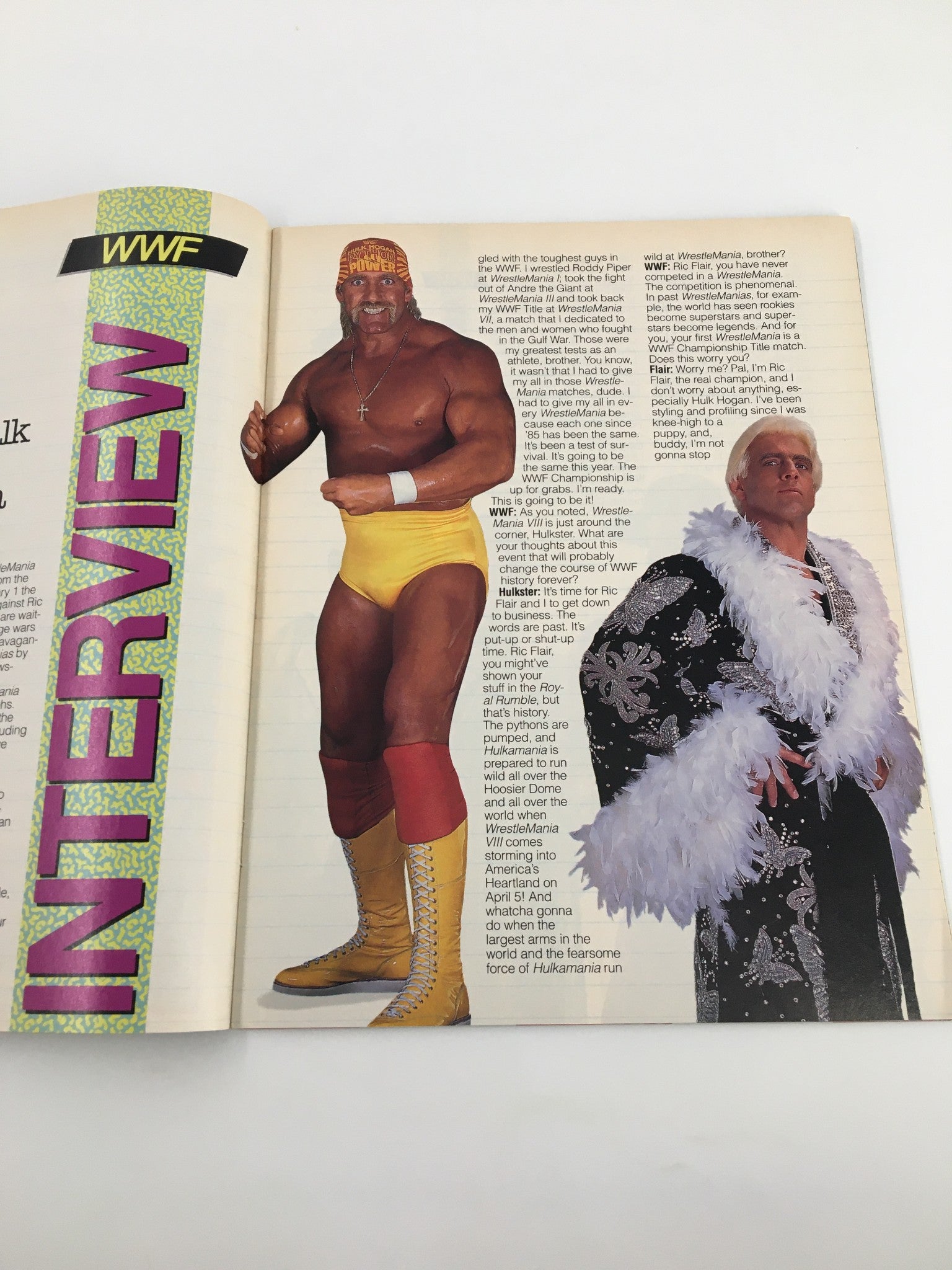 Page from WWF Magazine March 1992 showing an interview with Hulk Hogan and Ric Flair discussing wrestling history and rivalry.