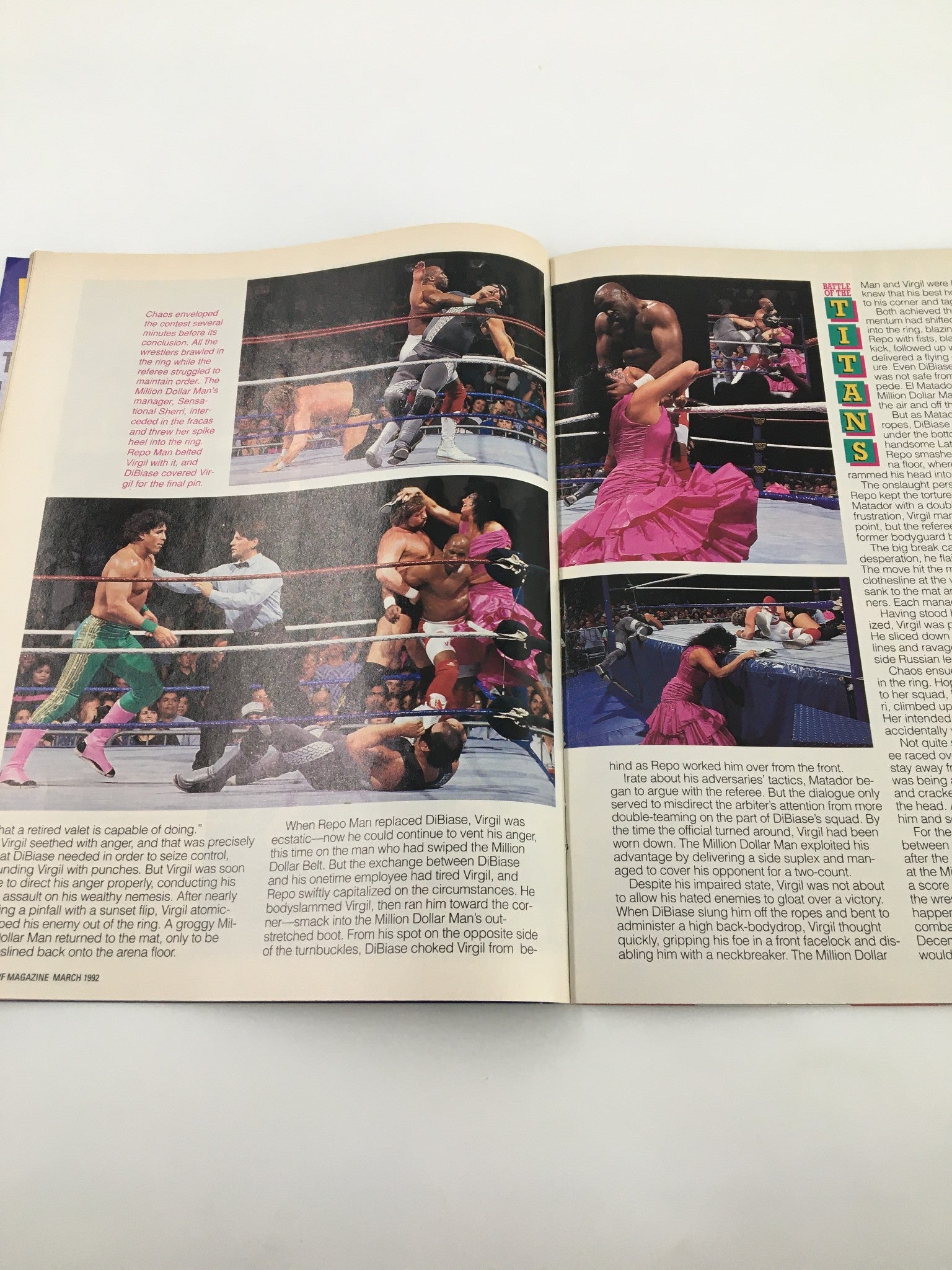 WWF Magazine March 1992 article featuring professional wrestling action shots, showcasing a match in progress with various wrestlers in the ring.