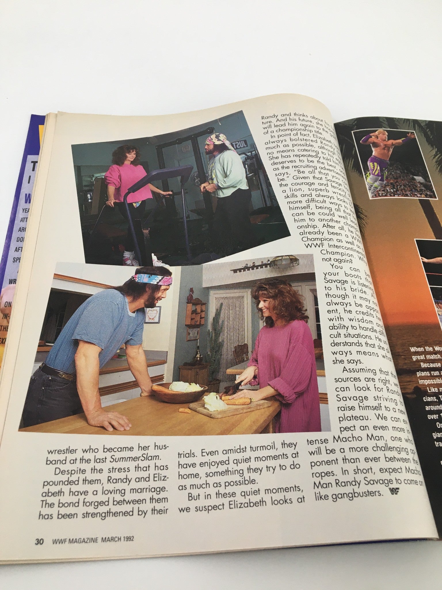 Page from WWF Magazine March 1992 depicting wrestling personalities Randy Savage and Elizabeth during a personal moment, emphasizing their relationship.