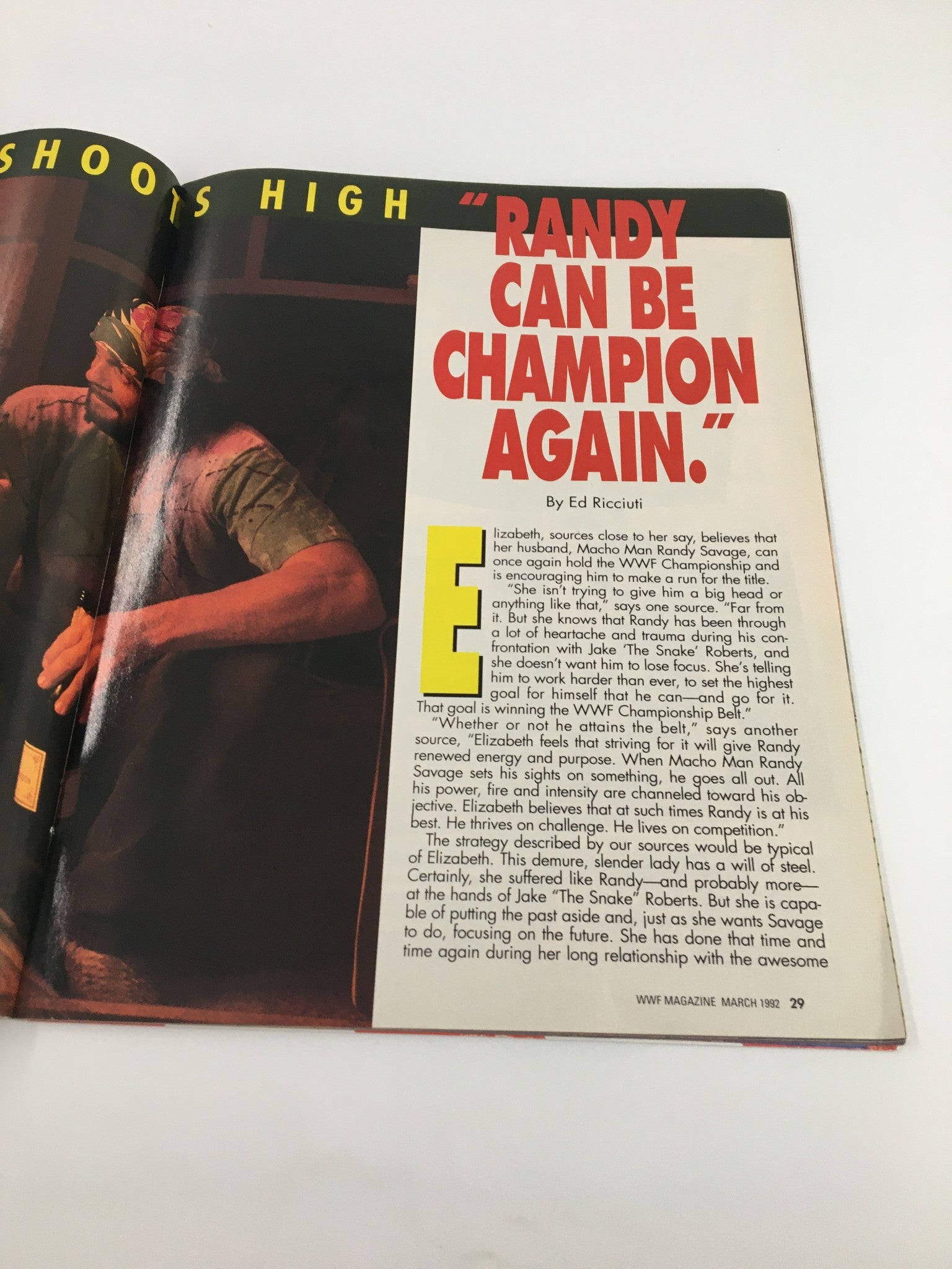 WWF Magazine March 1992 page featuring an article titled 'Randy Can Be Champion Again' discussing Macho Man Randy Savage, with insights into his career and personal life.