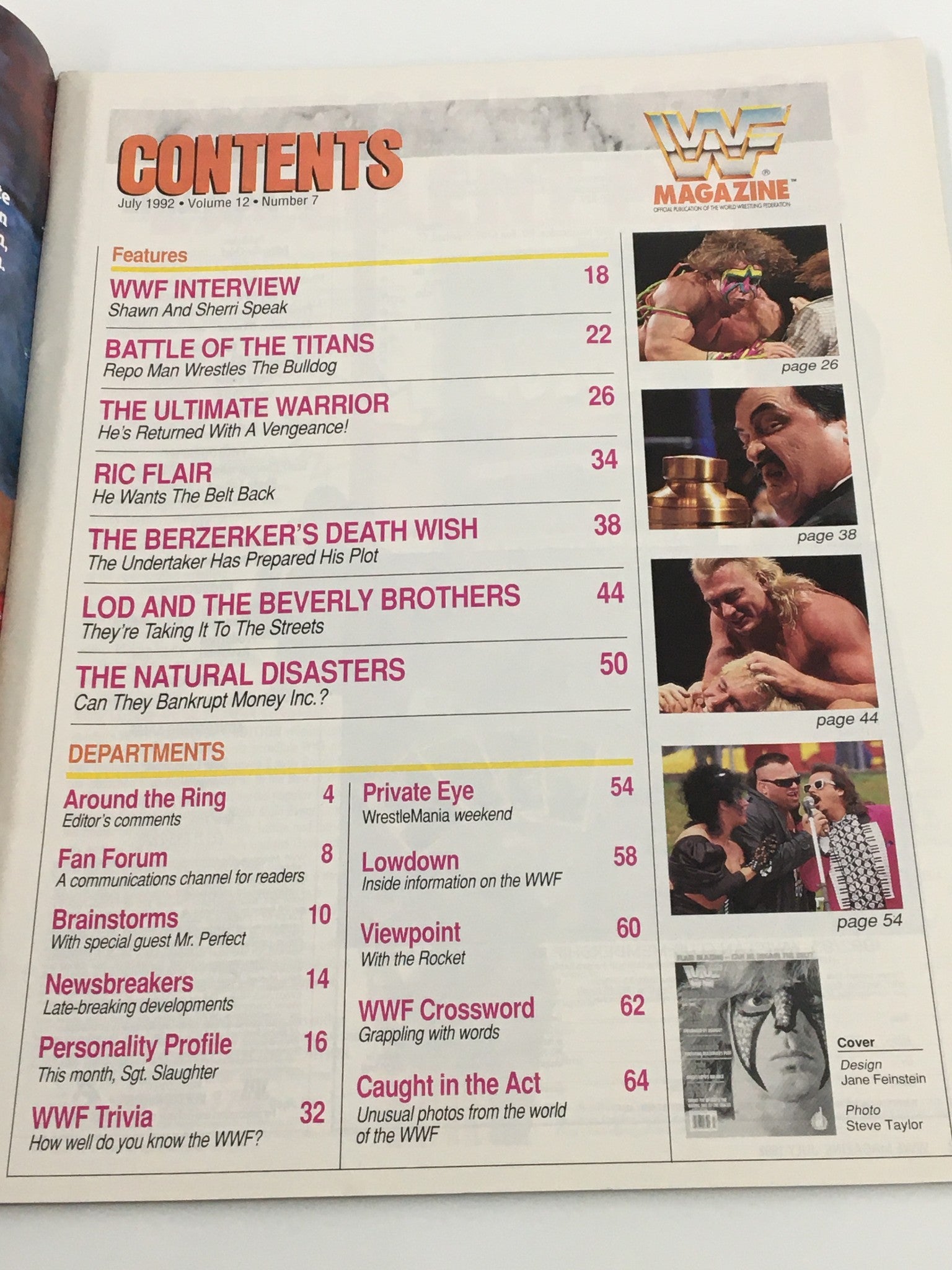 Table of contents from VTG WWF Magazine July 1992 detailing features like articles on Ultimate Warrior, The Undertaker, and WWF trivia.