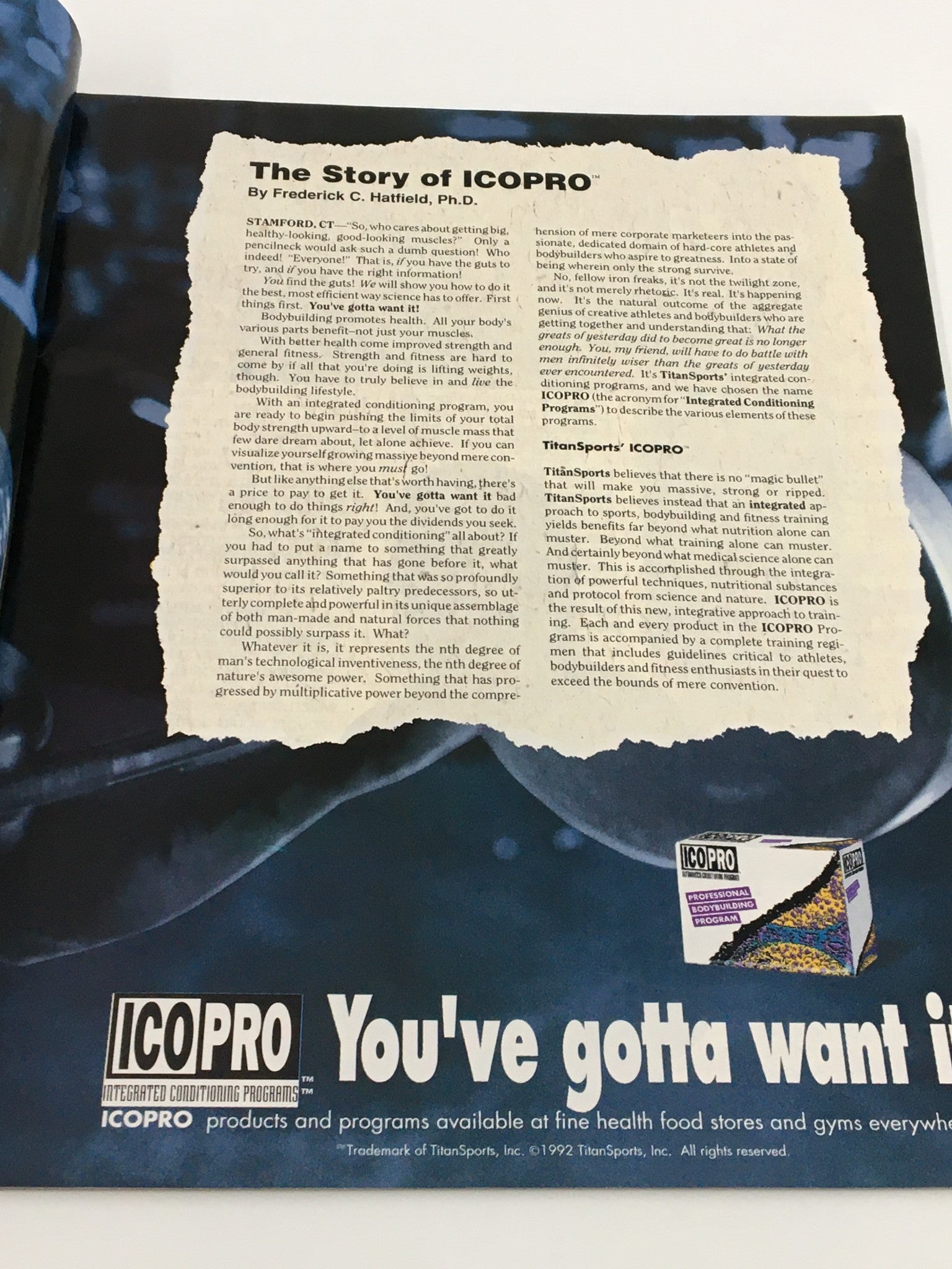 An advertisement page from VTG WWF Magazine July 1992 promoting ICOPRO, an integrated conditioning program with a focus on bodybuilding.