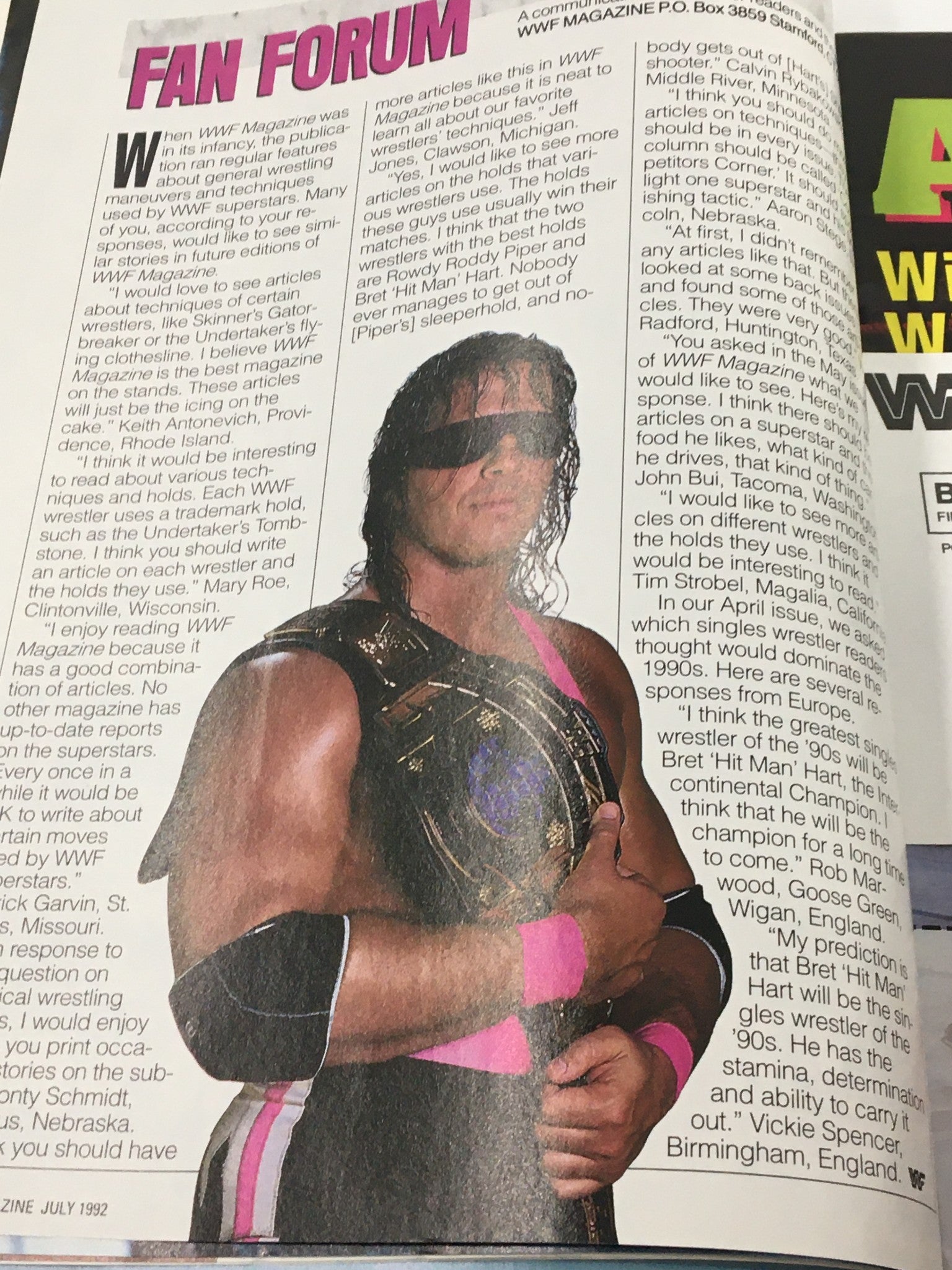 Fan Forum section from VTG WWF Magazine July 1992 highlighting reader discussions and feedback about wrestling techniques and favorite wrestlers.