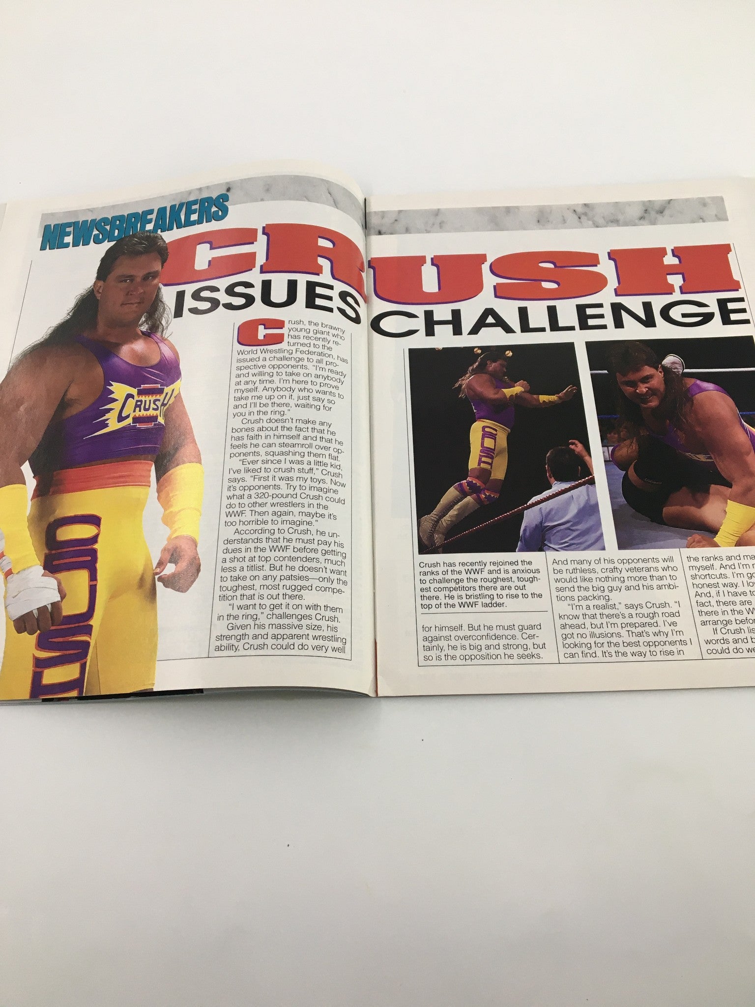Inside page of the VTG WWF Magazine July 1992 featuring Crush and his challenge in World Wrestling Federation.