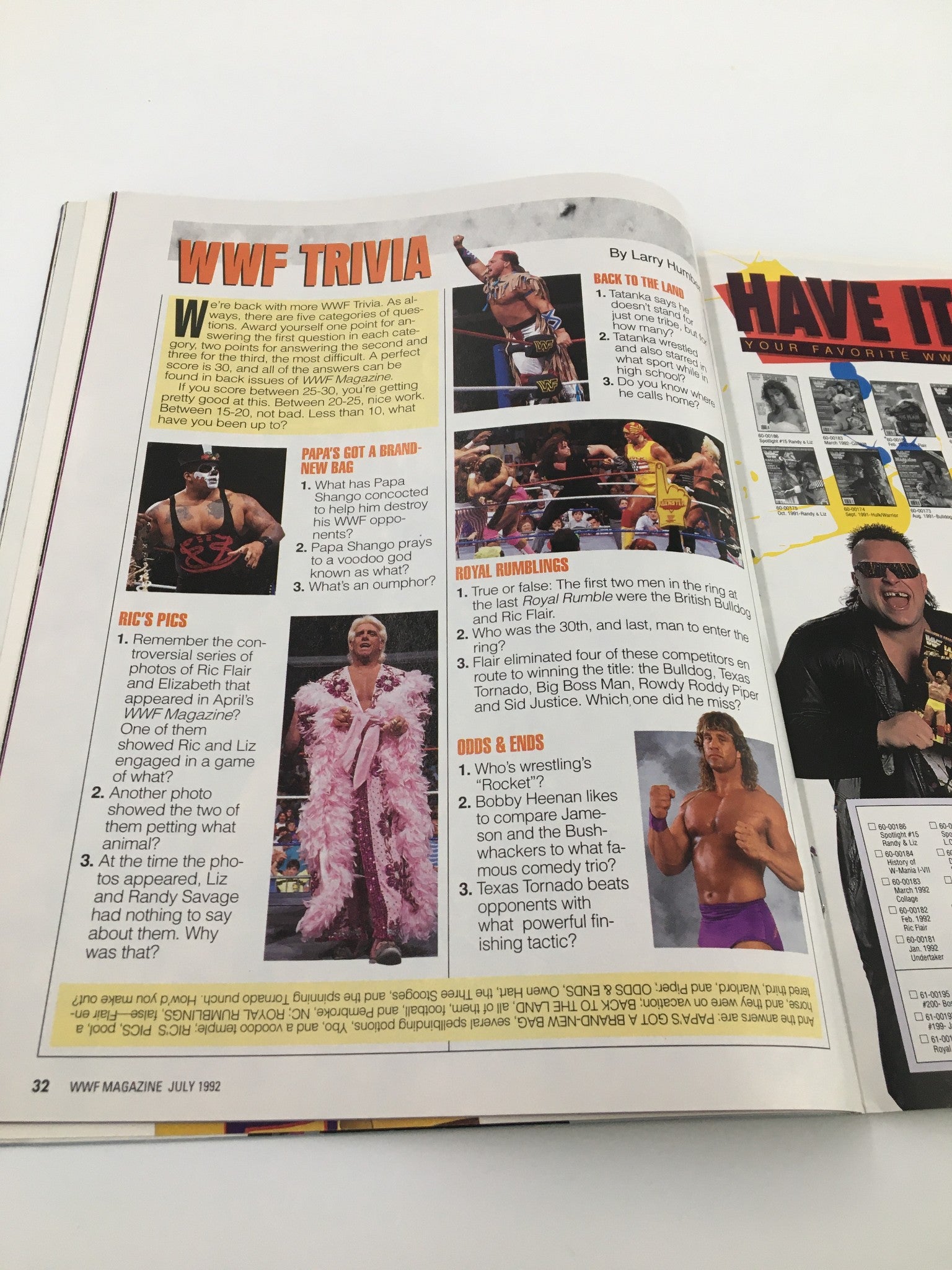 Trivia page from VTG WWF Magazine July 1992, testing readers' knowledge about wrestling.