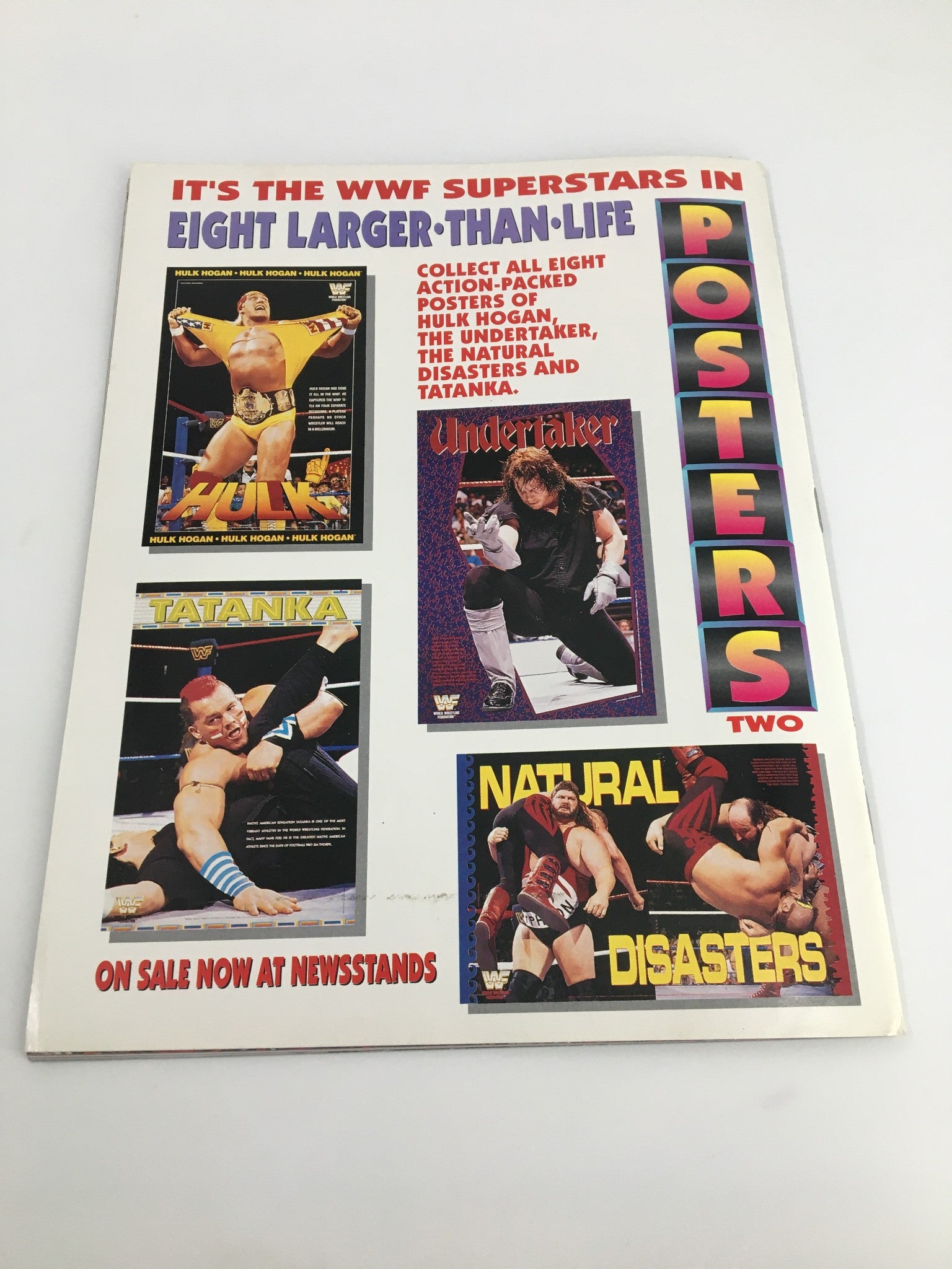 Back cover of the VTG WWF Magazine July 1992 highlighting posters of Hulk Hogan, The Undertaker, and other superstars.
