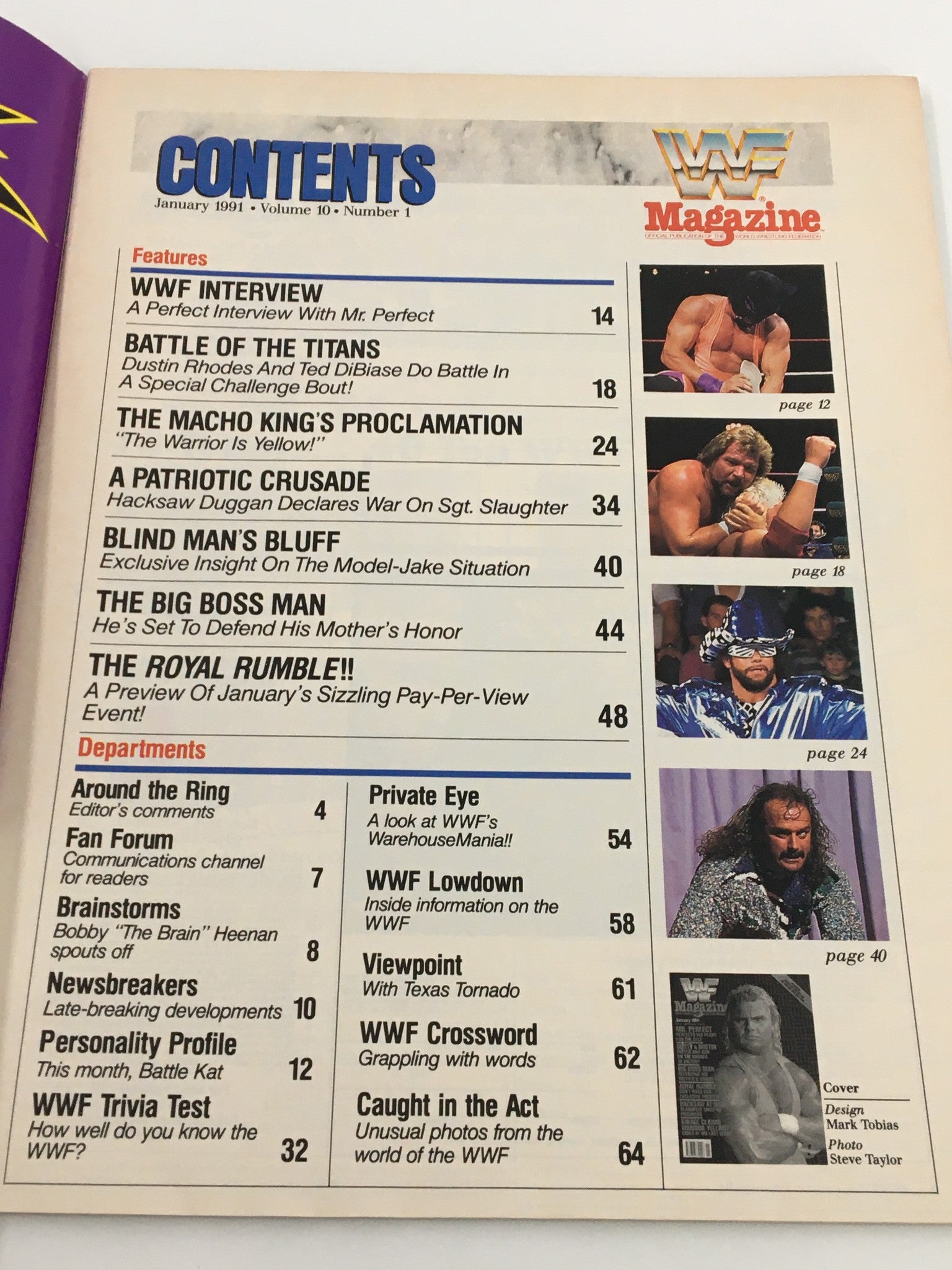 Contents page of the Vintage WWF Magazine January 1991 issue, highlighting features like interviews and articles on The Macho King, Hacksaw, Dusty and Dustin Rhodes, titled 'VTG WWF Magazine January 1991 The Macho King, Hacksaw, Dusty & Dustin Rhodes'.