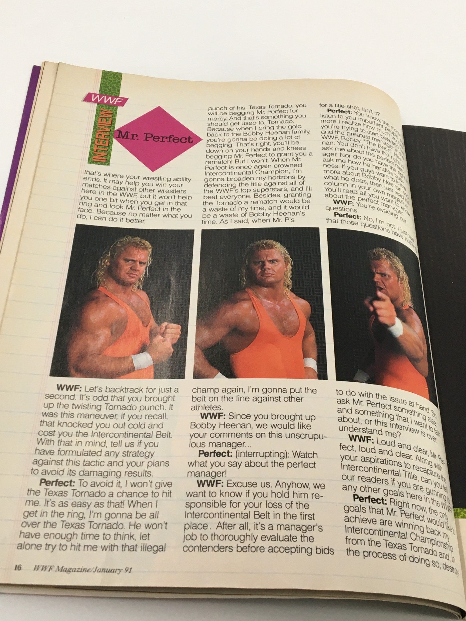 WWF Magazine January 1991 - Interview page featuring Mr. Perfect discussing wrestling strategies and his career in the WWF.