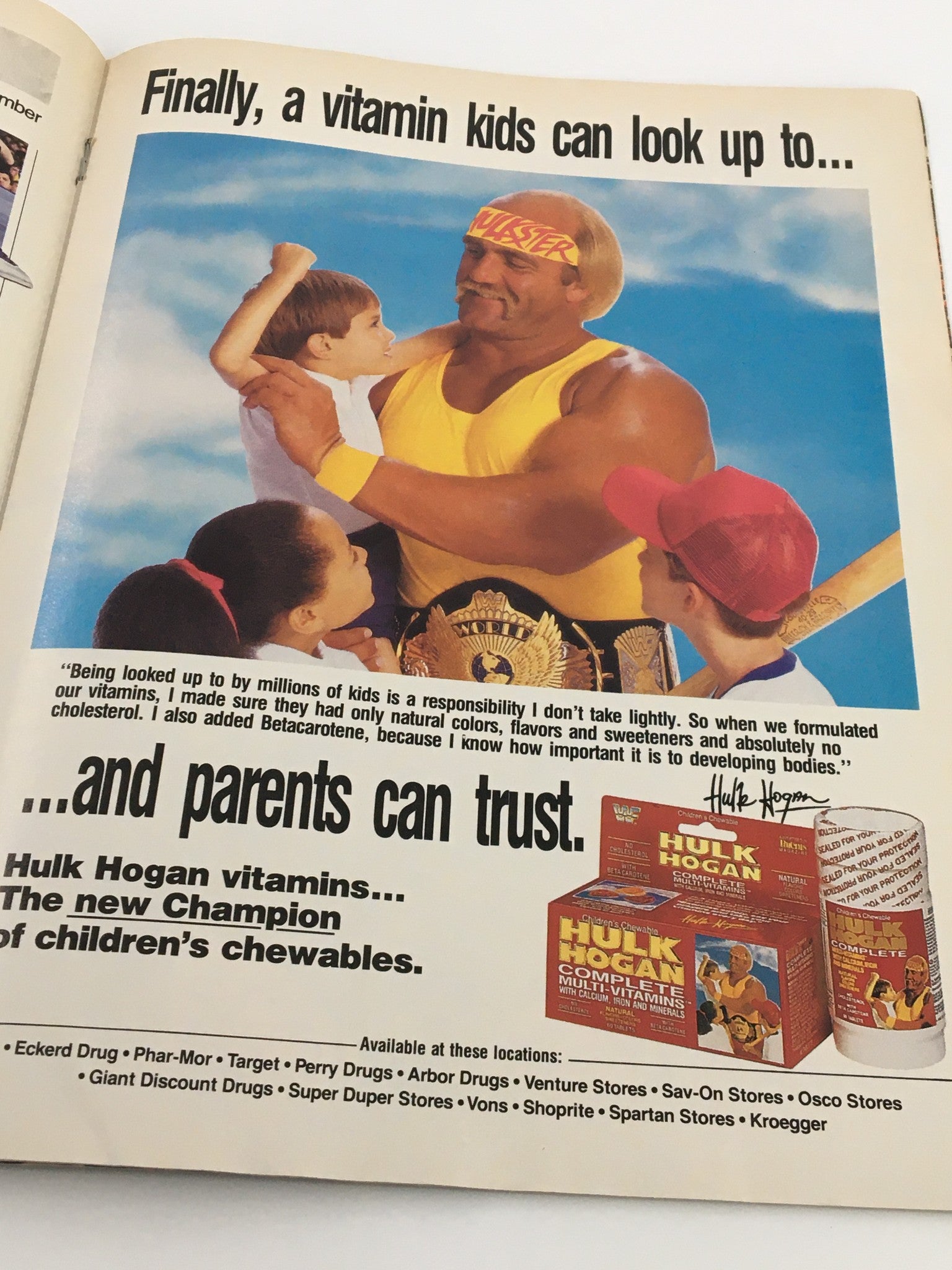 WWF Magazine January 1991 - Advertisement featuring Hulk Hogan promoting children's vitamins, highlighting his appeal as a role model.