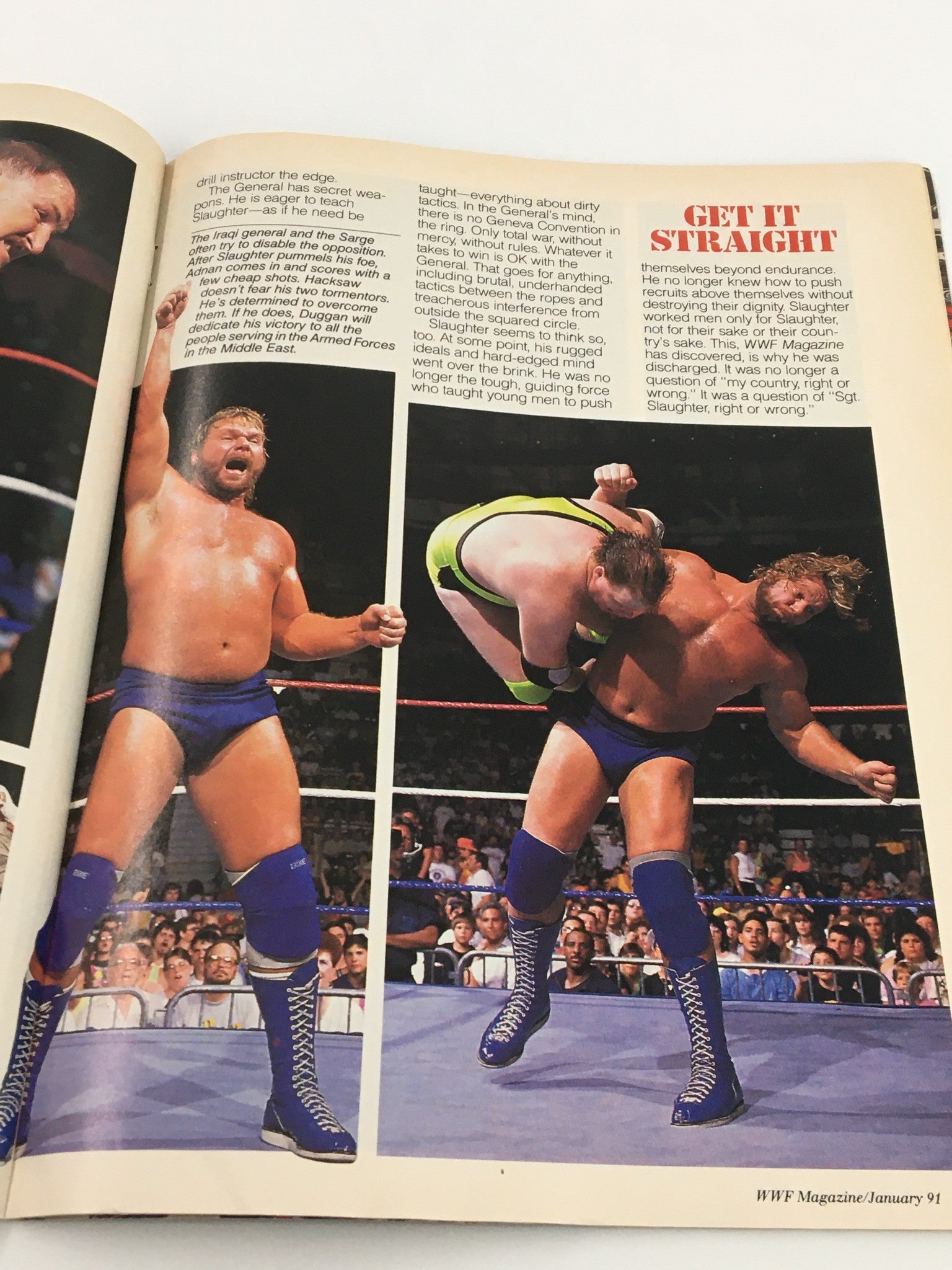 Action-packed scene from VTG WWF Magazine January 1991 featuring wrestlers including Hacksaw Jim Duggan, highlighting professional wrestling moves and techniques.
