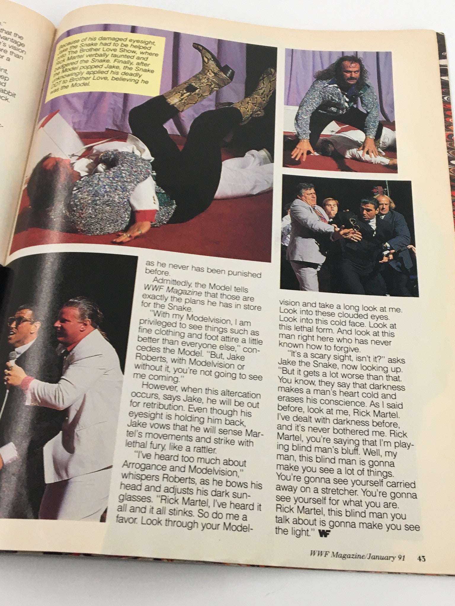 Dramatic interactions in VTG WWF Magazine January 1991 showcasing WWE superstars Jake 'The Snake' Roberts and Rick Martel, depicting a storyline moment in wrestling history.